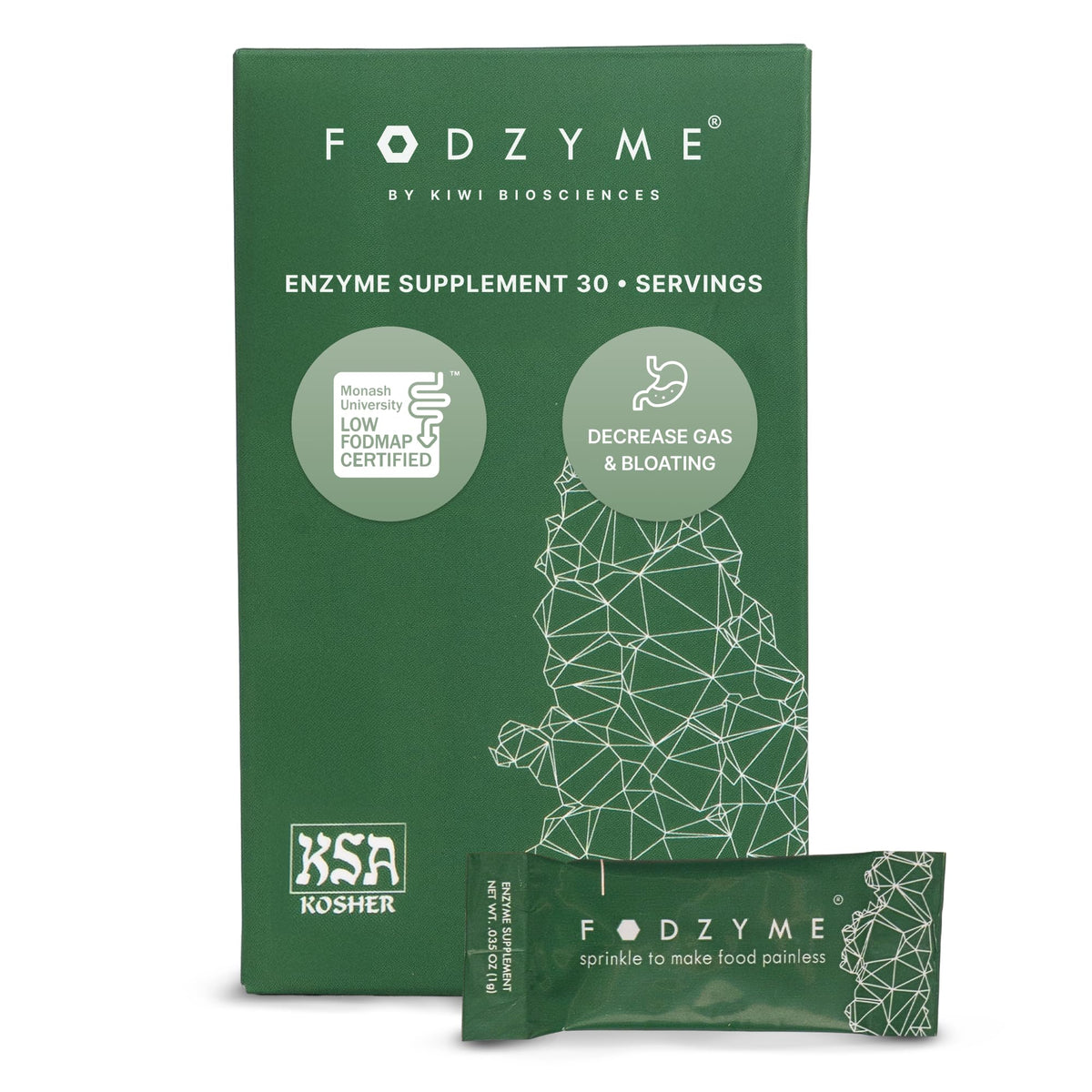 FODZYME On-The-Go powder being poured into a meal for easier digestion
