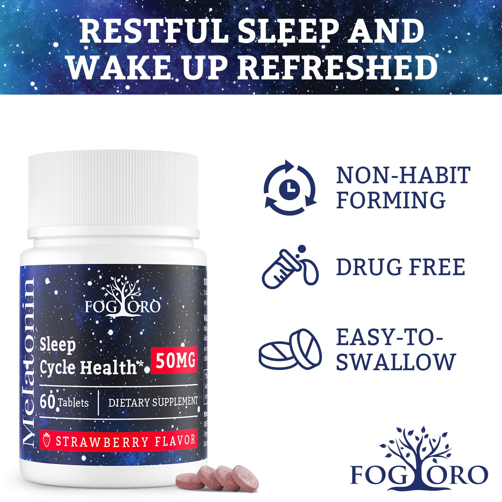 Fogoro Powerful Melatonin label details show ingredients for a calm evening.