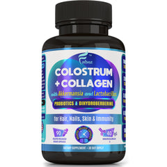 FOLONA colostrum capsules bottle front supports hair, skin, and nails.