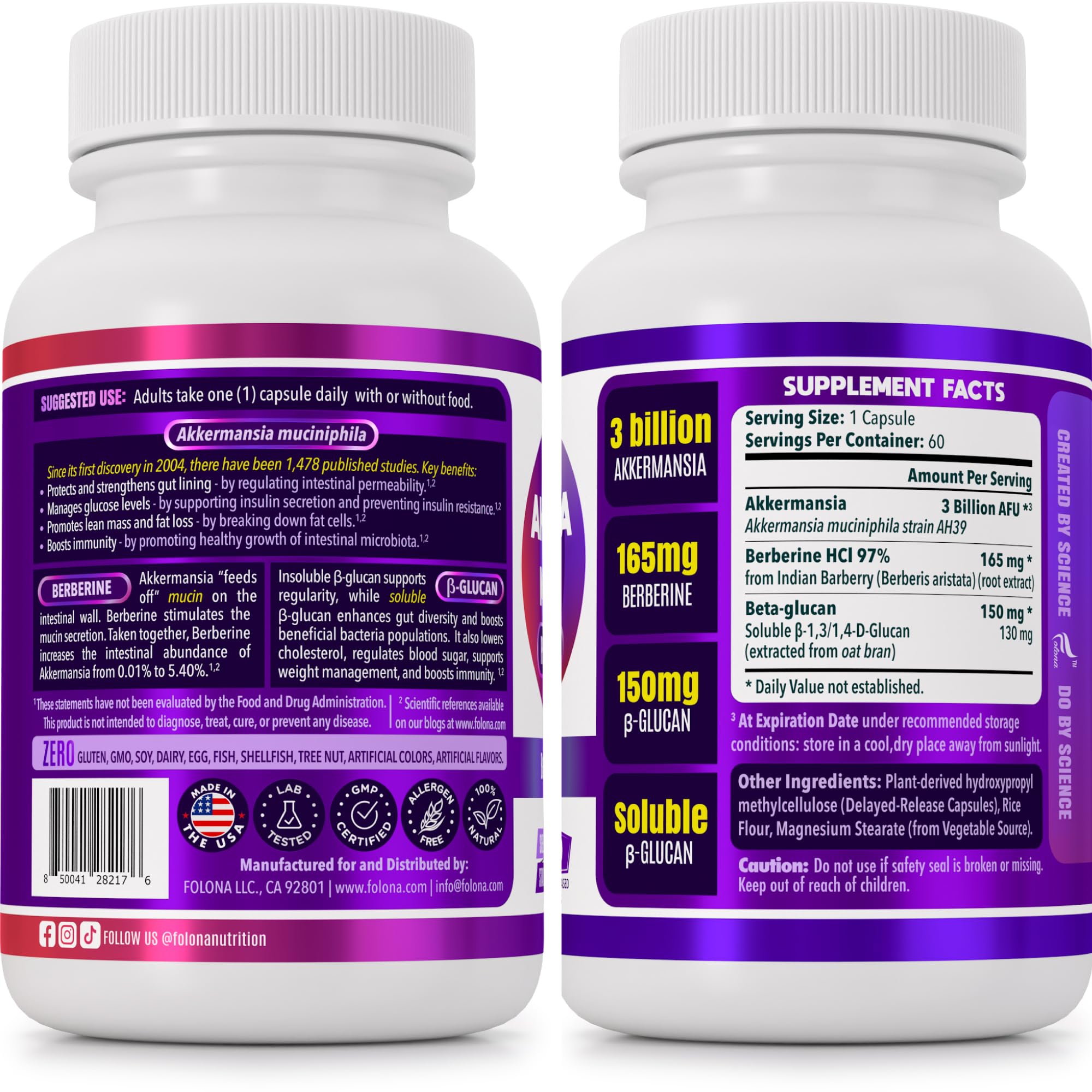 Folona Akkermansia capsules close-up showing 3B AFU per serving