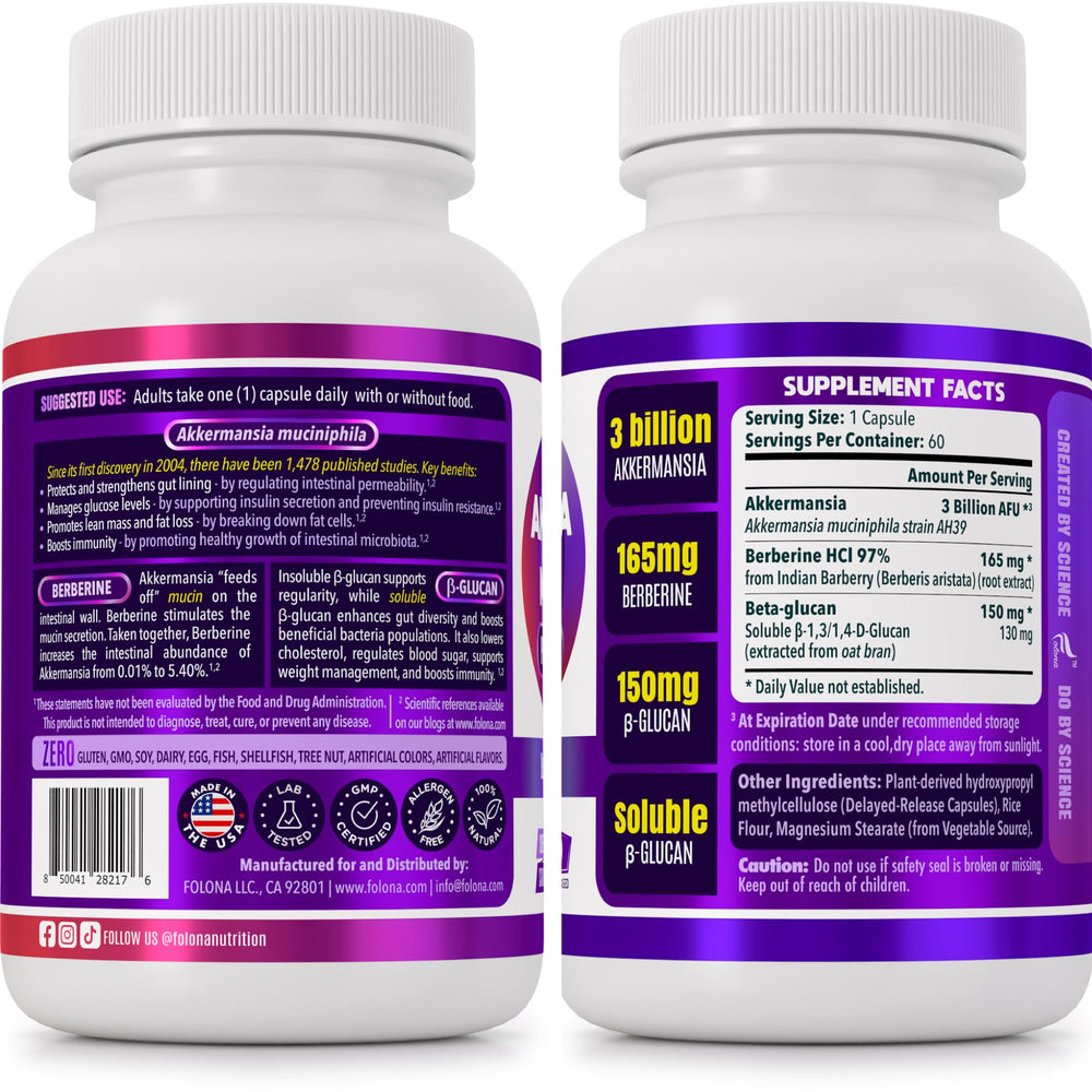 Folona Akkermansia capsules close-up showing 3B AFU per serving
