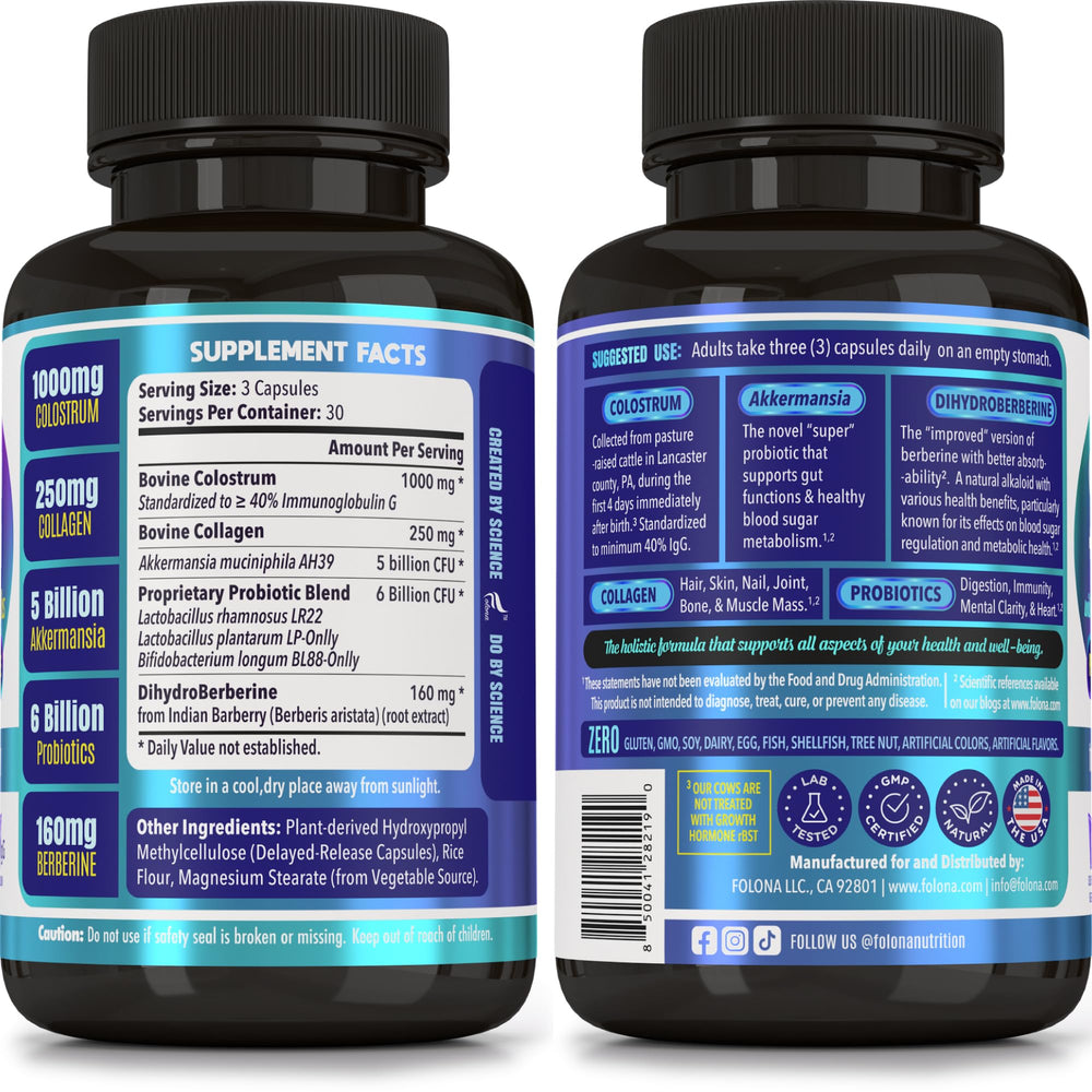 FOLONA bottle label highlights ingredients for gut health and immunity.