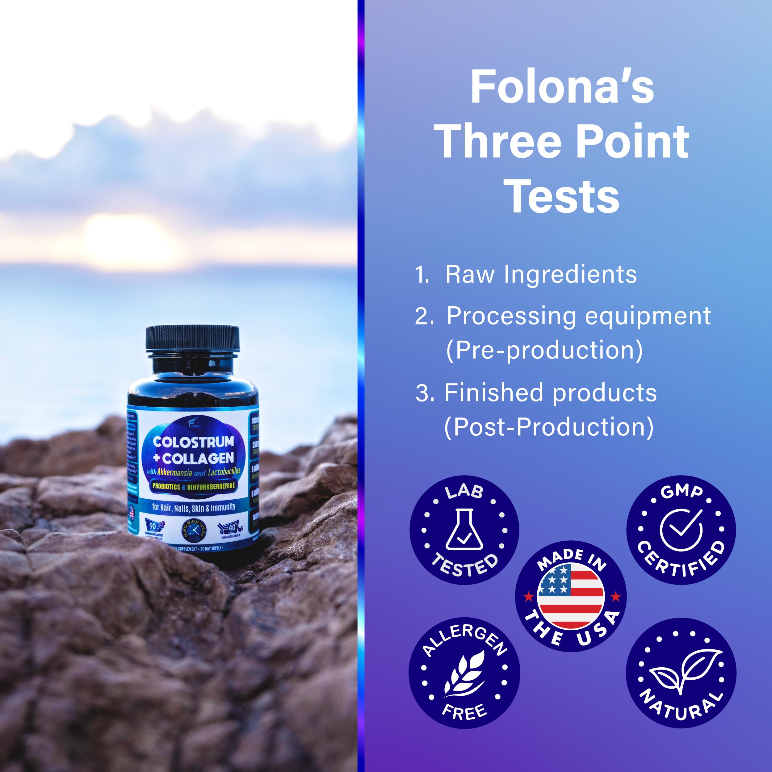 FOLONA pasture-raised farm scene conveys natural sourcing and ethics.