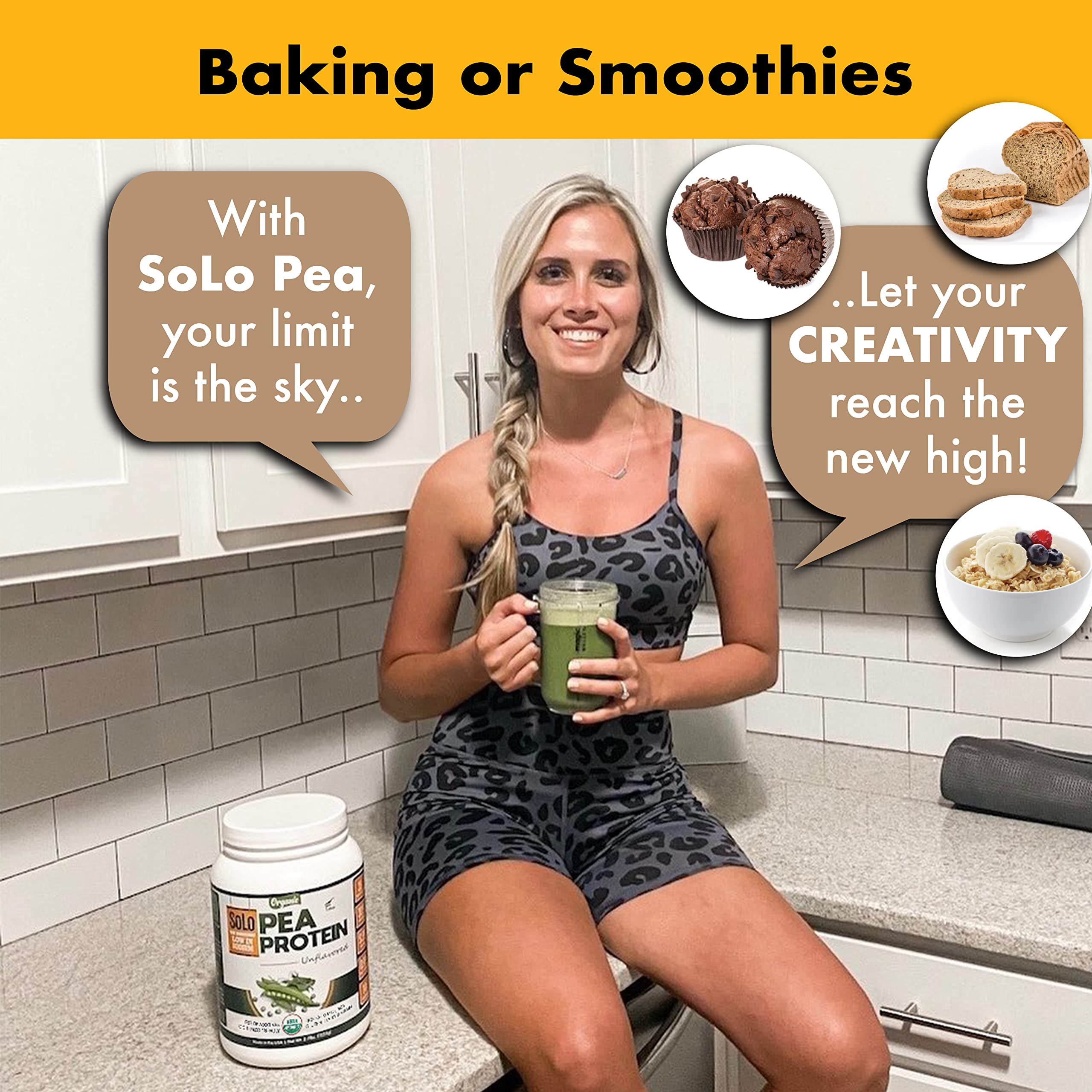 Folona Solo Organic Pea Protein measuring cup beside blender bottle, quick energy boost.