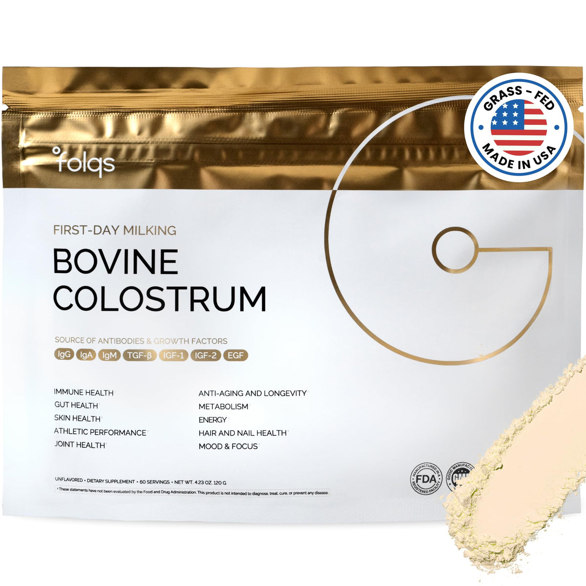 Folqs bovine colostrum powder bottle for daily immune support.