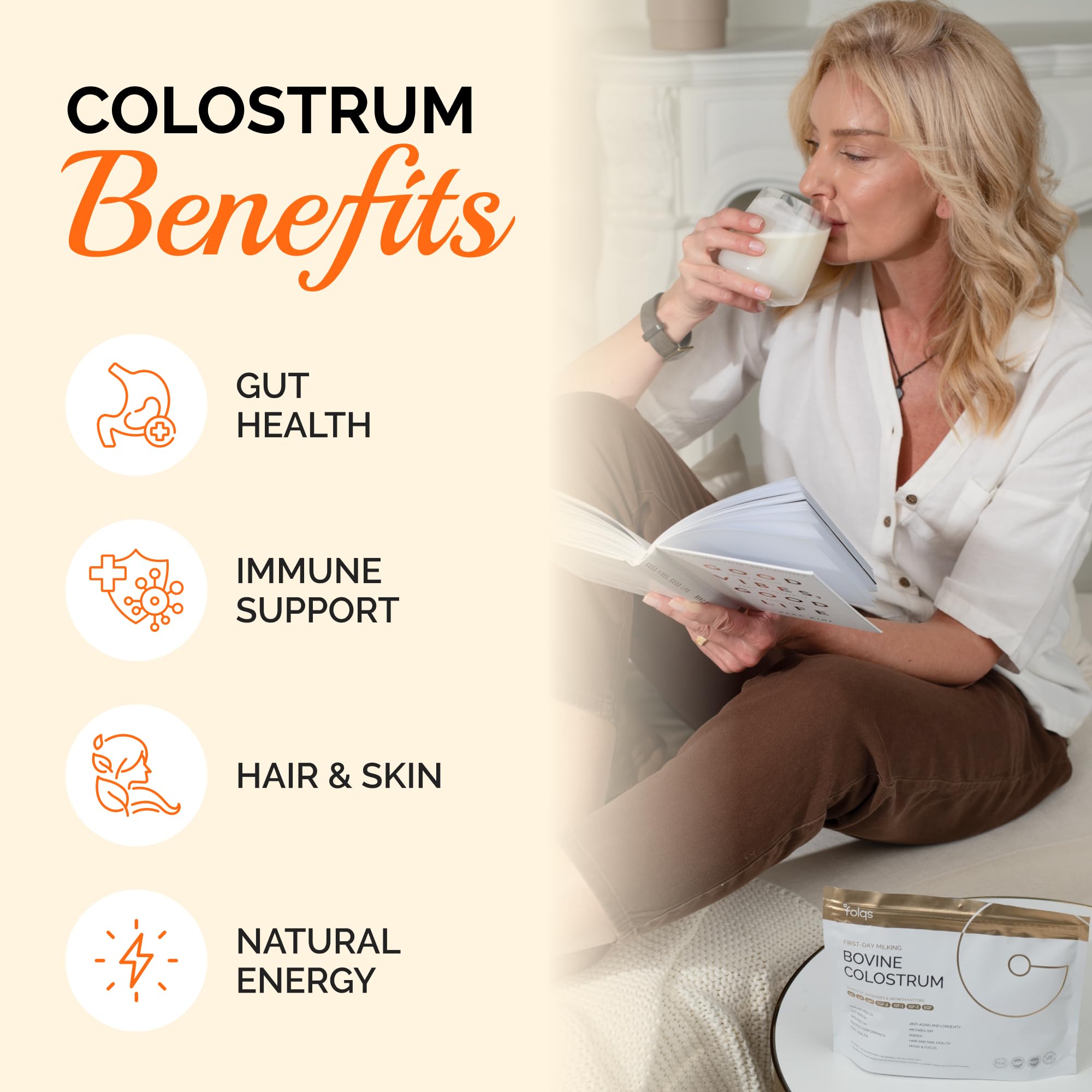 Folqs bovine colostrum powder scoop beside bottle for easy serving.