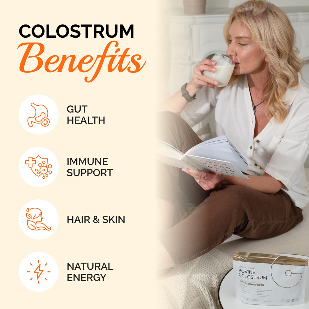 Folqs bovine colostrum powder scoop beside bottle for easy serving.