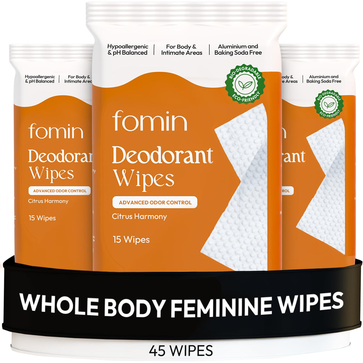 FOMIN Acidified Deodorant Wipes Citrus Harmony packaging highlights plastic-free design.