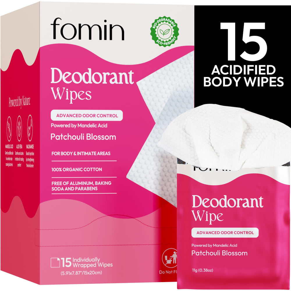FOMIN packaging of acidified travel wipes shows compact eco-friendly design for on-the-go freshness