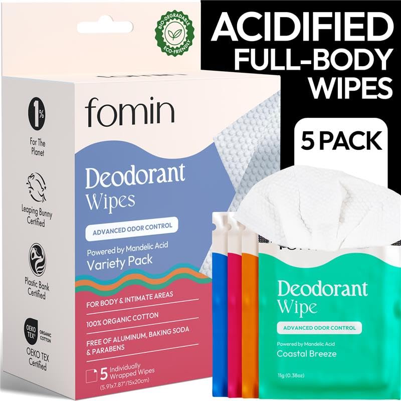 FOMIN Acidified Travel Deodorant Wipes packaging shows eco-friendly design for on-the-go freshness.