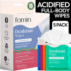 FOMIN Acidified Travel Deodorant Wipes packaging shows eco-friendly design for on-the-go freshness.