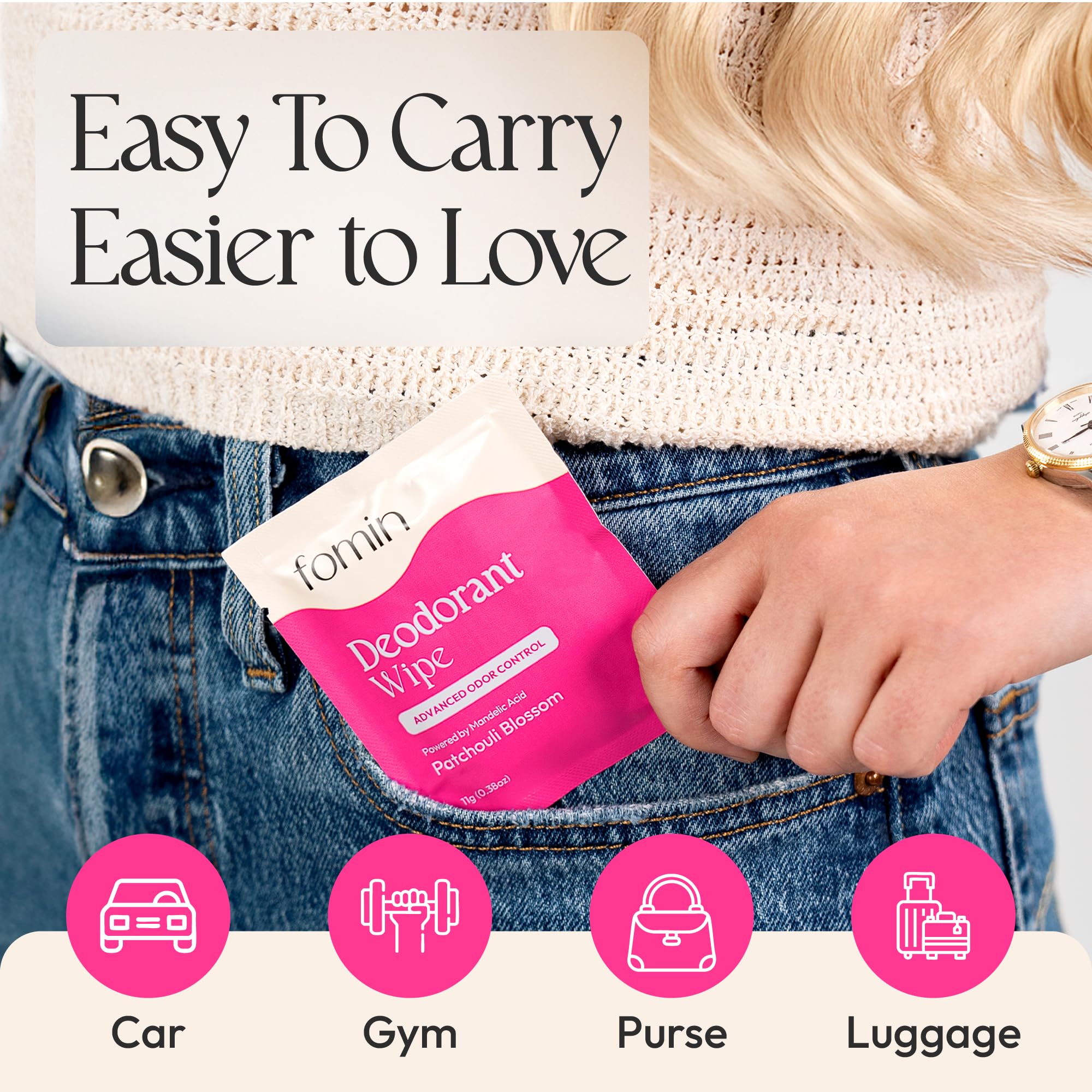 Applying wipe underarm demonstrates easy use for daily odor and sweat control