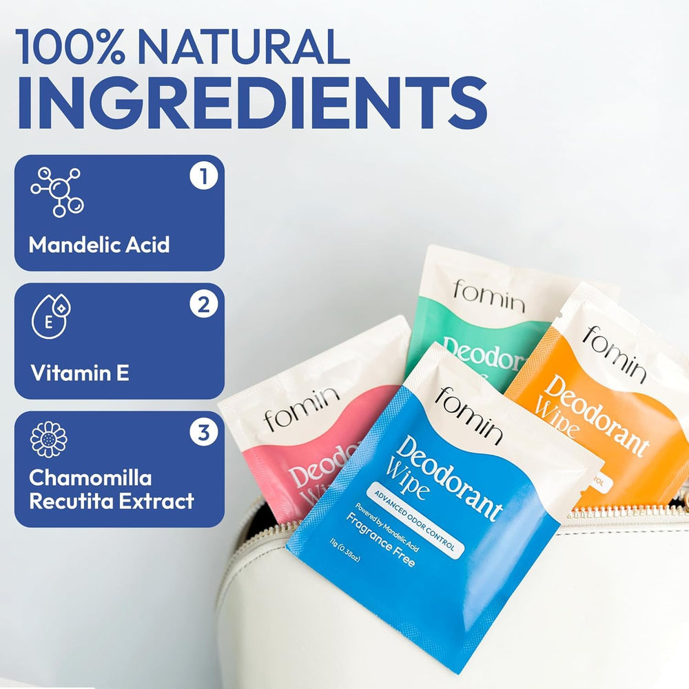 FOMIN wipes being used on underarms for quick, refreshed feel during activities.