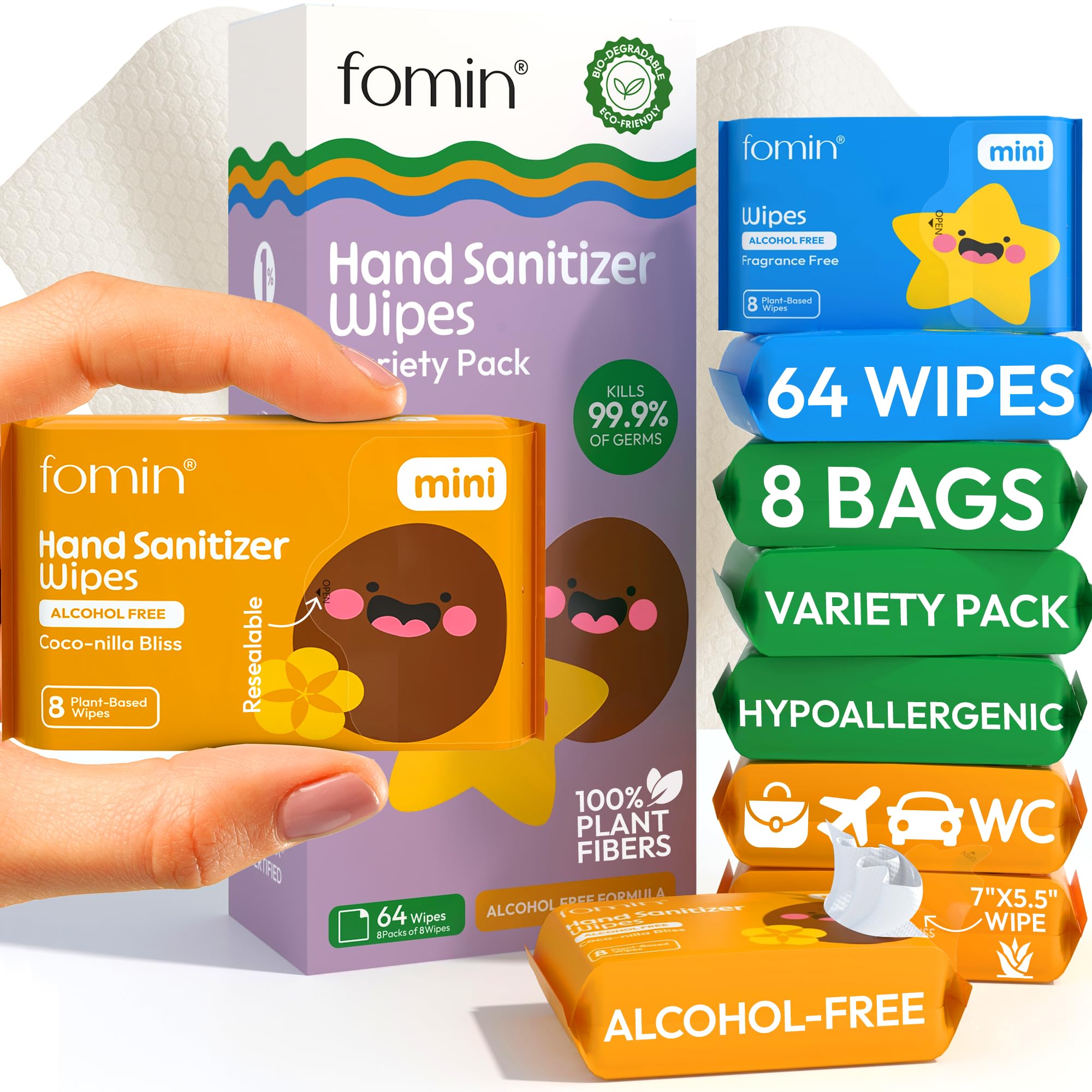 Toallitas Fomin Mini en empaque de 8 unidades, perfecto para llevar.
