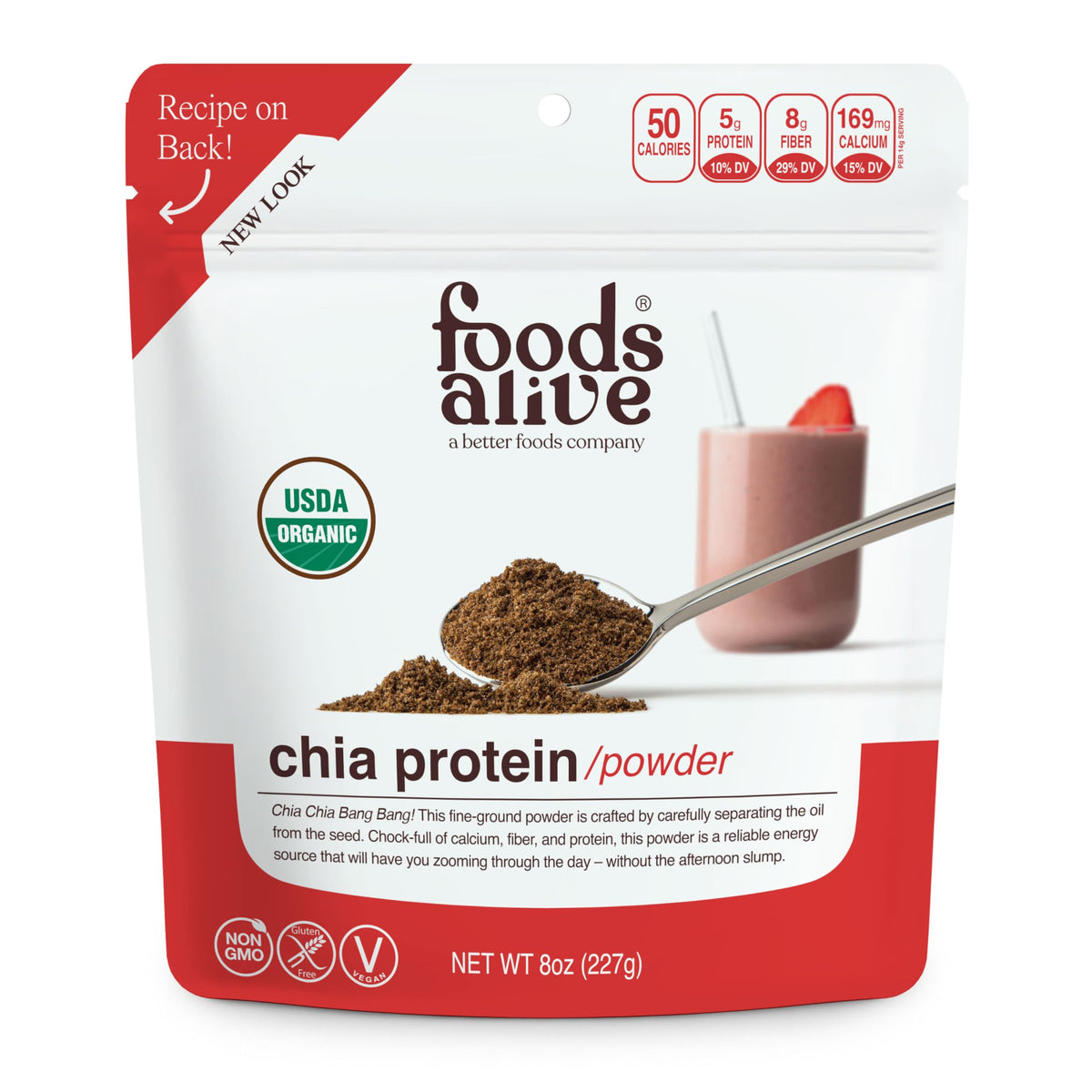 Foods Alive chia protein powder jar on counter, highlighting plant protein and fiber