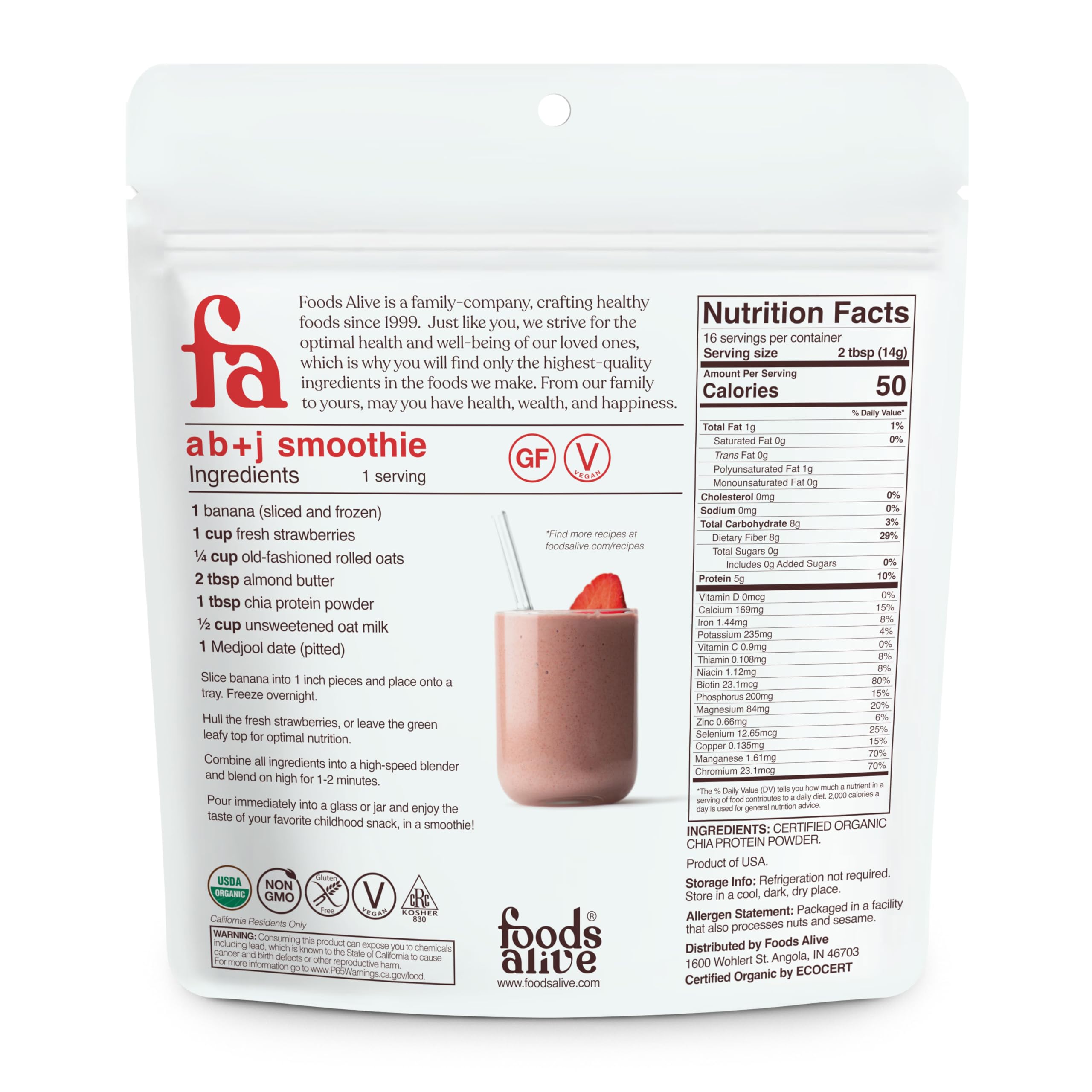 Foods Alive chia protein powder label close-up, showcasing organic vegan gluten-free ingredients