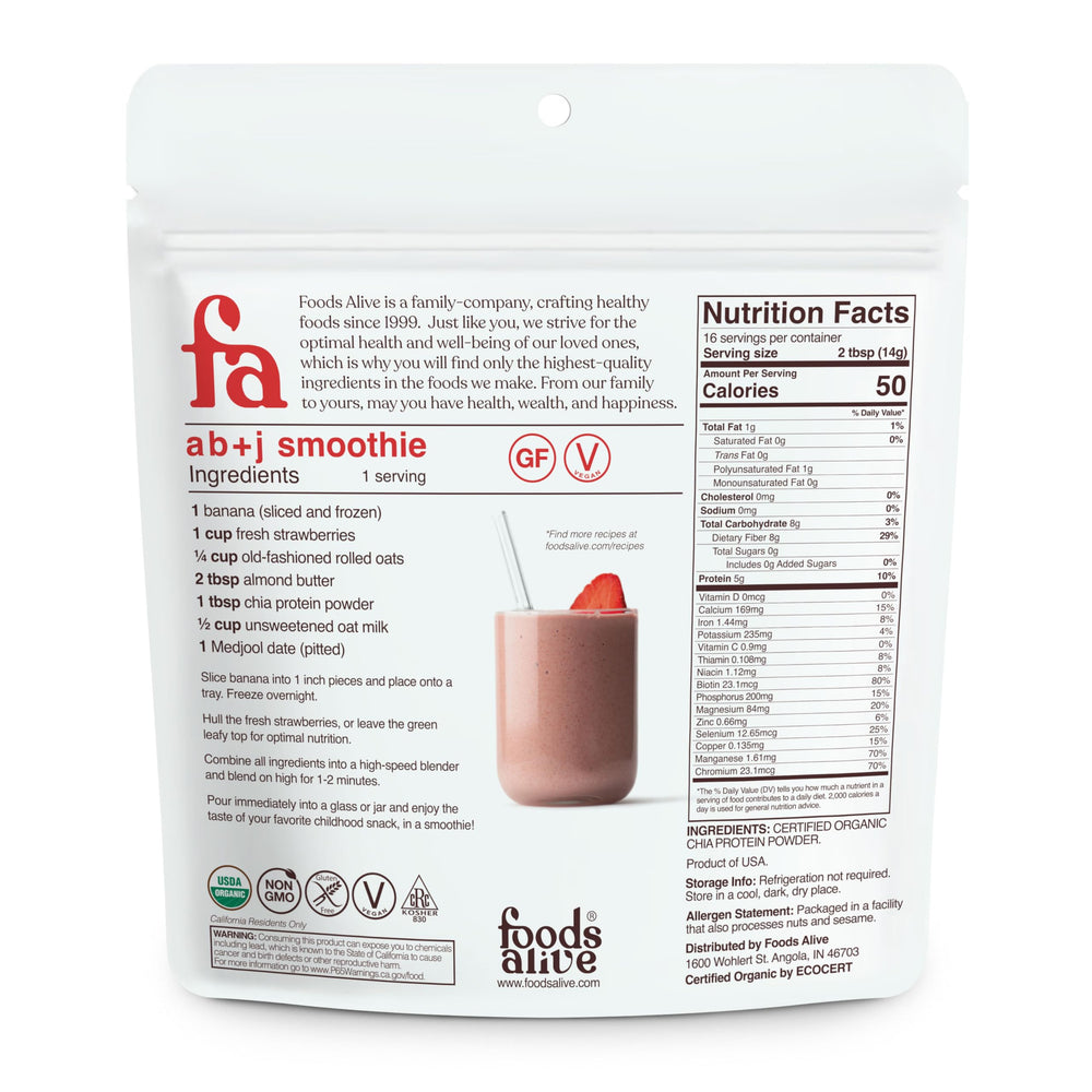 Foods Alive chia protein powder label close-up, showcasing organic vegan gluten-free ingredients