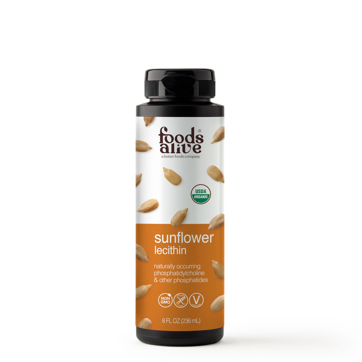 Foods Alive Sunflower Lecithin Liquid bottle close-up, highlighting natural emulsifier for smooth blends.