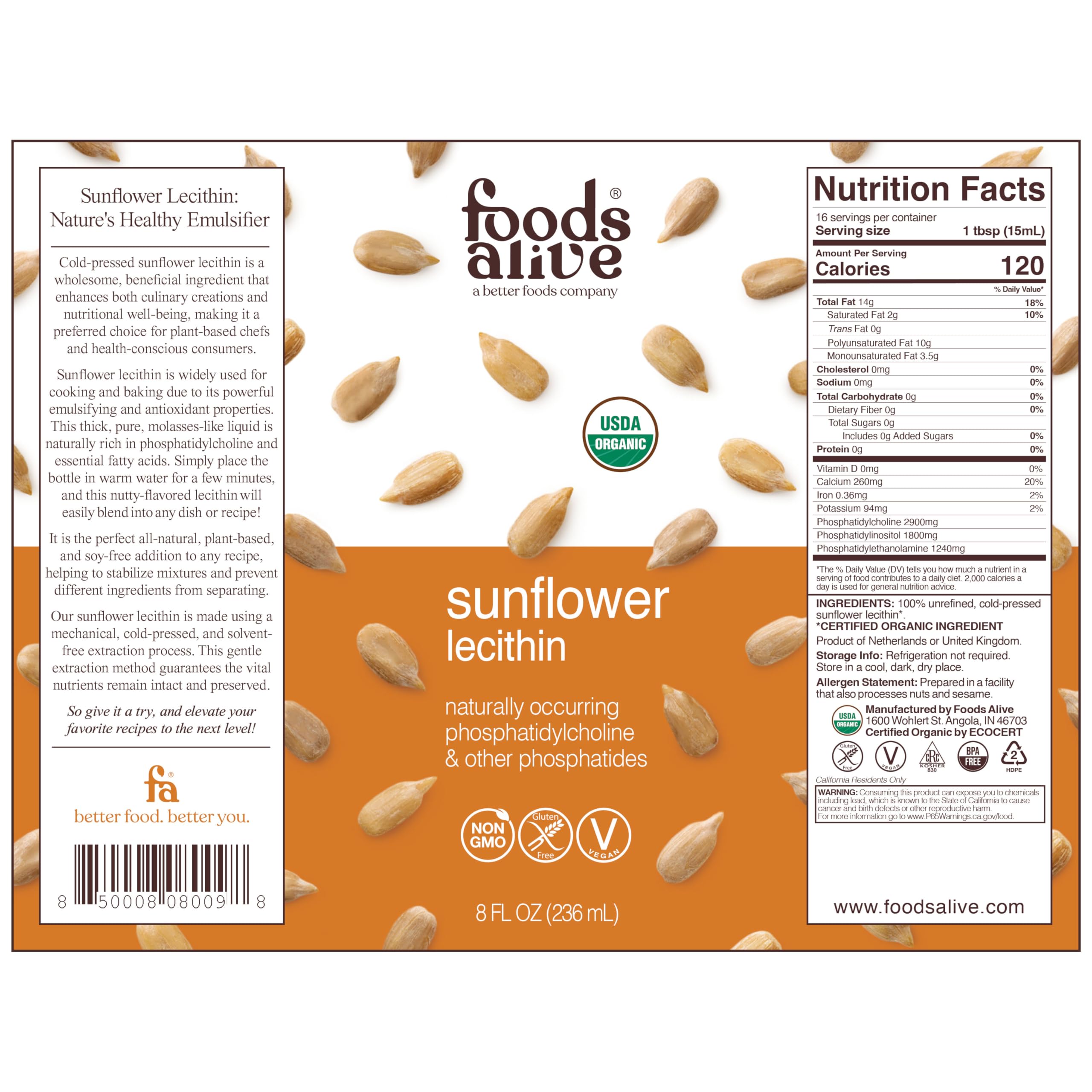 Foods Alive Sunflower Lecithin Liquid being poured, illustrating versatile plant-based thickener.