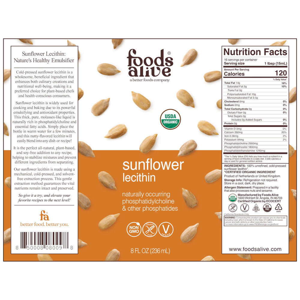 Foods Alive Sunflower Lecithin Liquid being poured, illustrating versatile plant-based thickener.