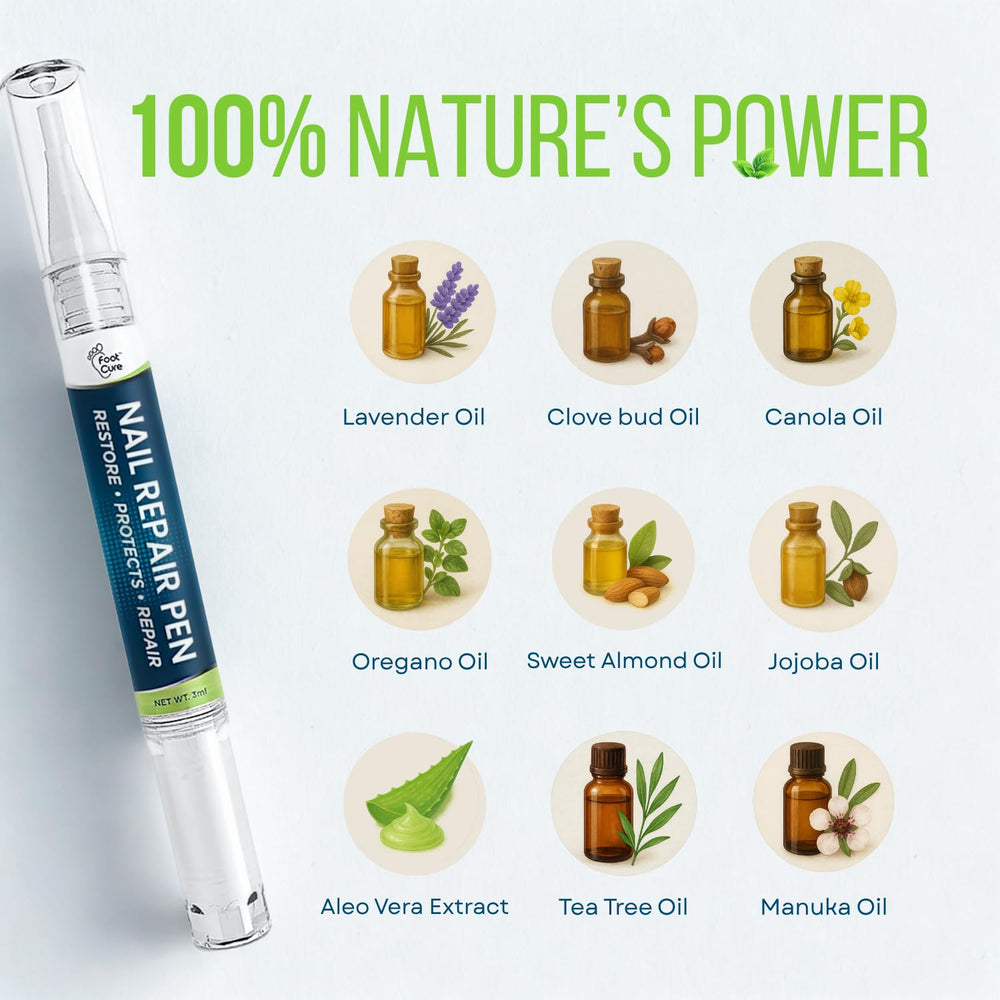 Foot Cure Nail Care Routine setup with pen for at-home use