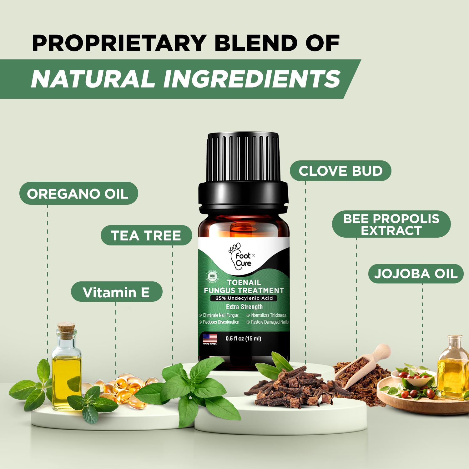 Foot Cure oil blend dropper highlights essential oils for nails.