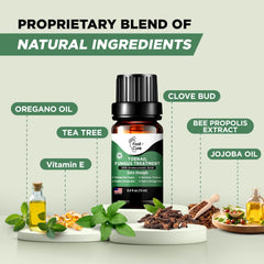 Foot Cure oil blend dropper highlights essential oils for nails.