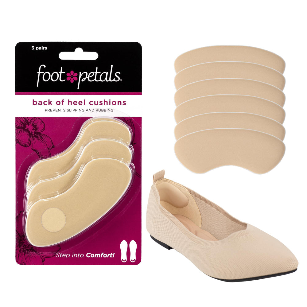 Foot Petals back-of-heel cushion insert for secure heel grip and reduced rubbing.