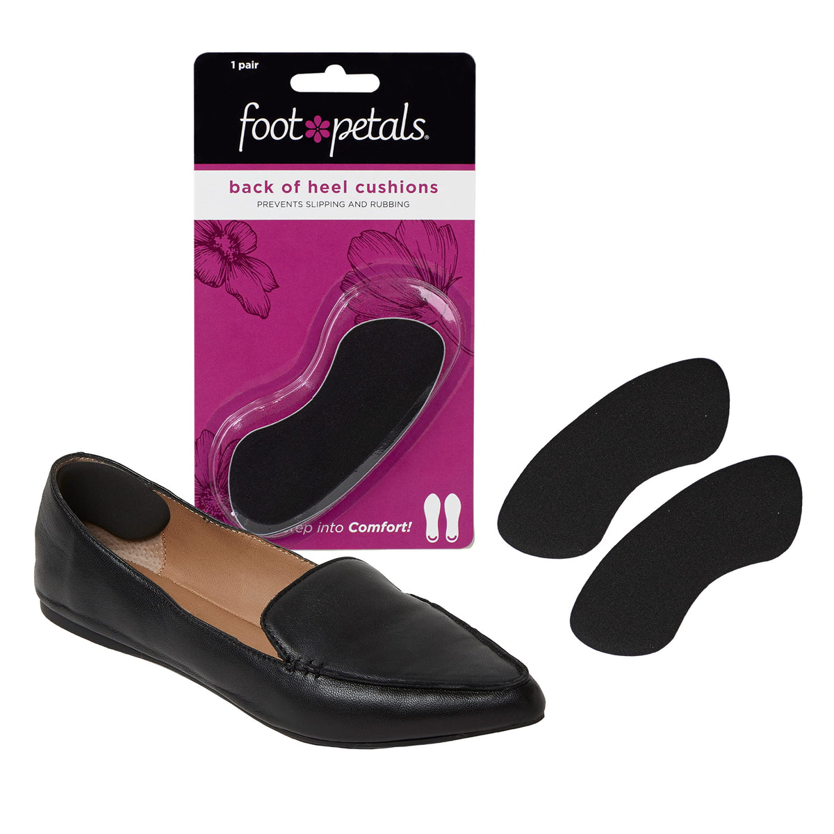 Foot Petals back-of-heel cushions provide slip-free fit and blister prevention.