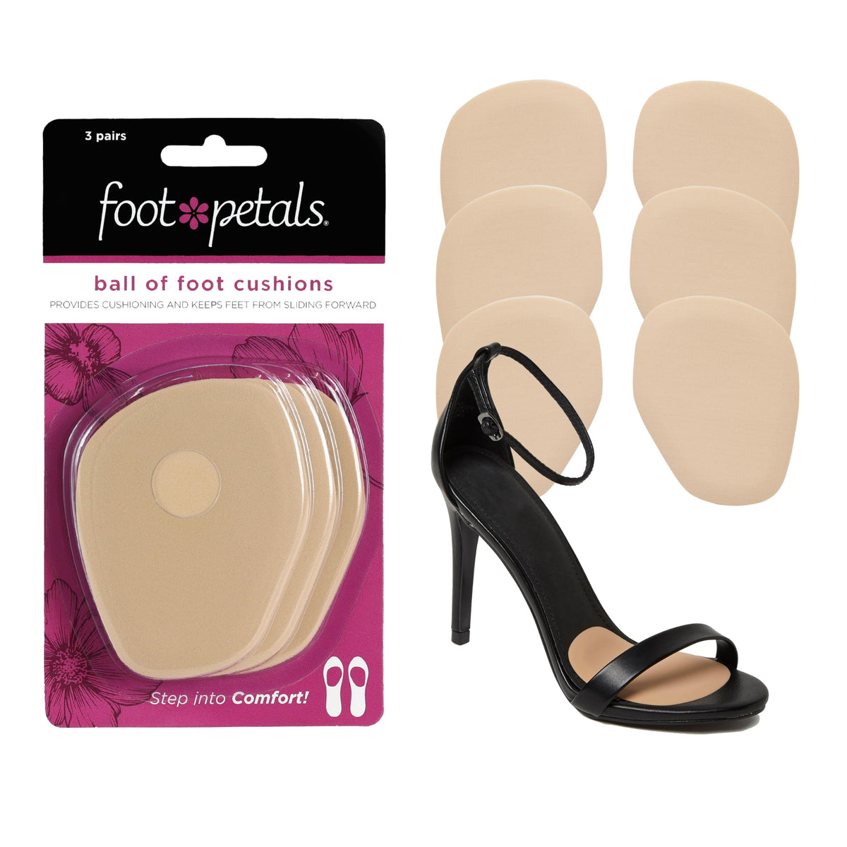 Foot Petals ball-of-foot cushions provide slip-free support for all-day comfort.