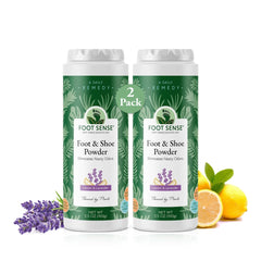 Foot Sense all-natural foot powder bottle for long-lasting odor control.