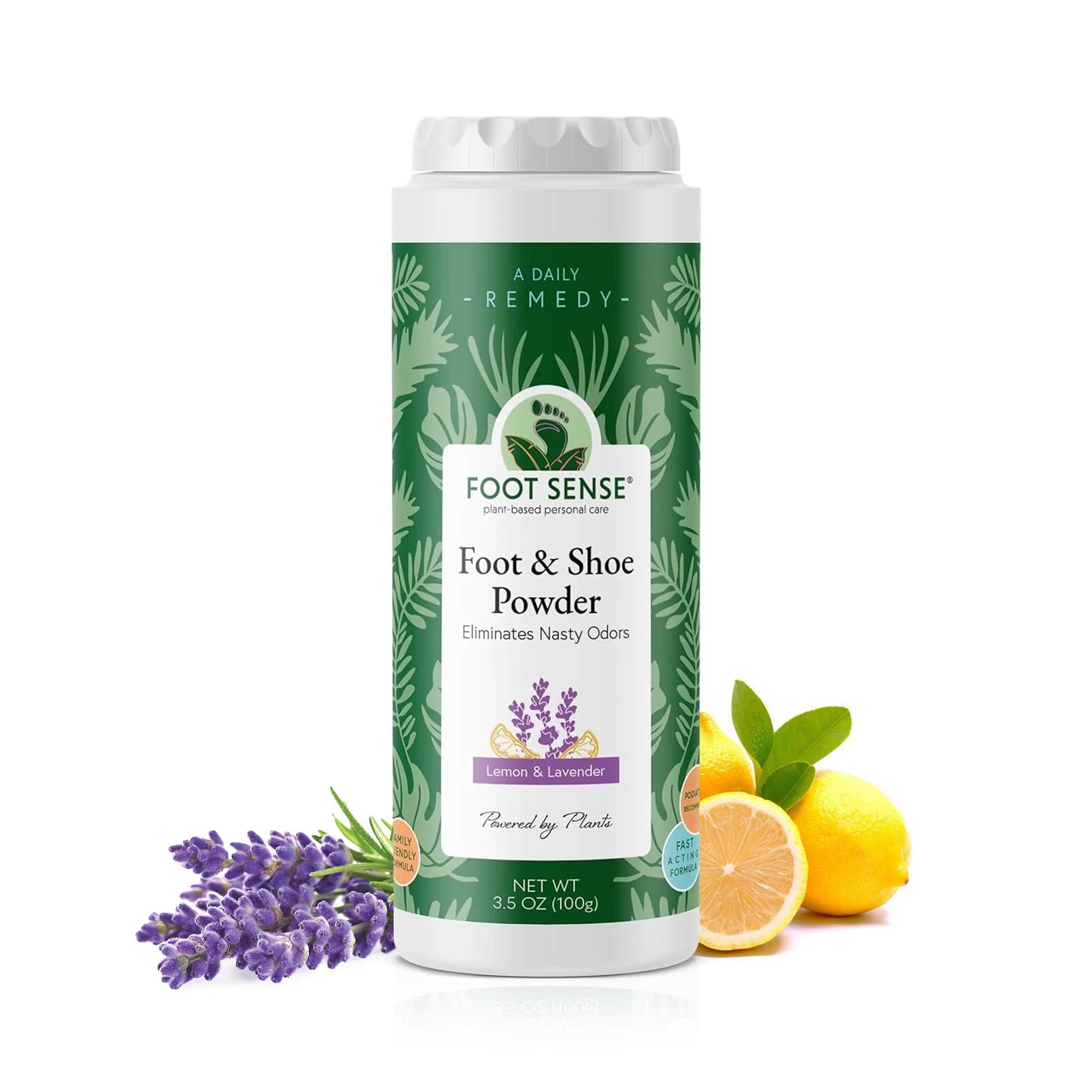 Foot Sense all natural foot powder container for long-lasting odor protection.