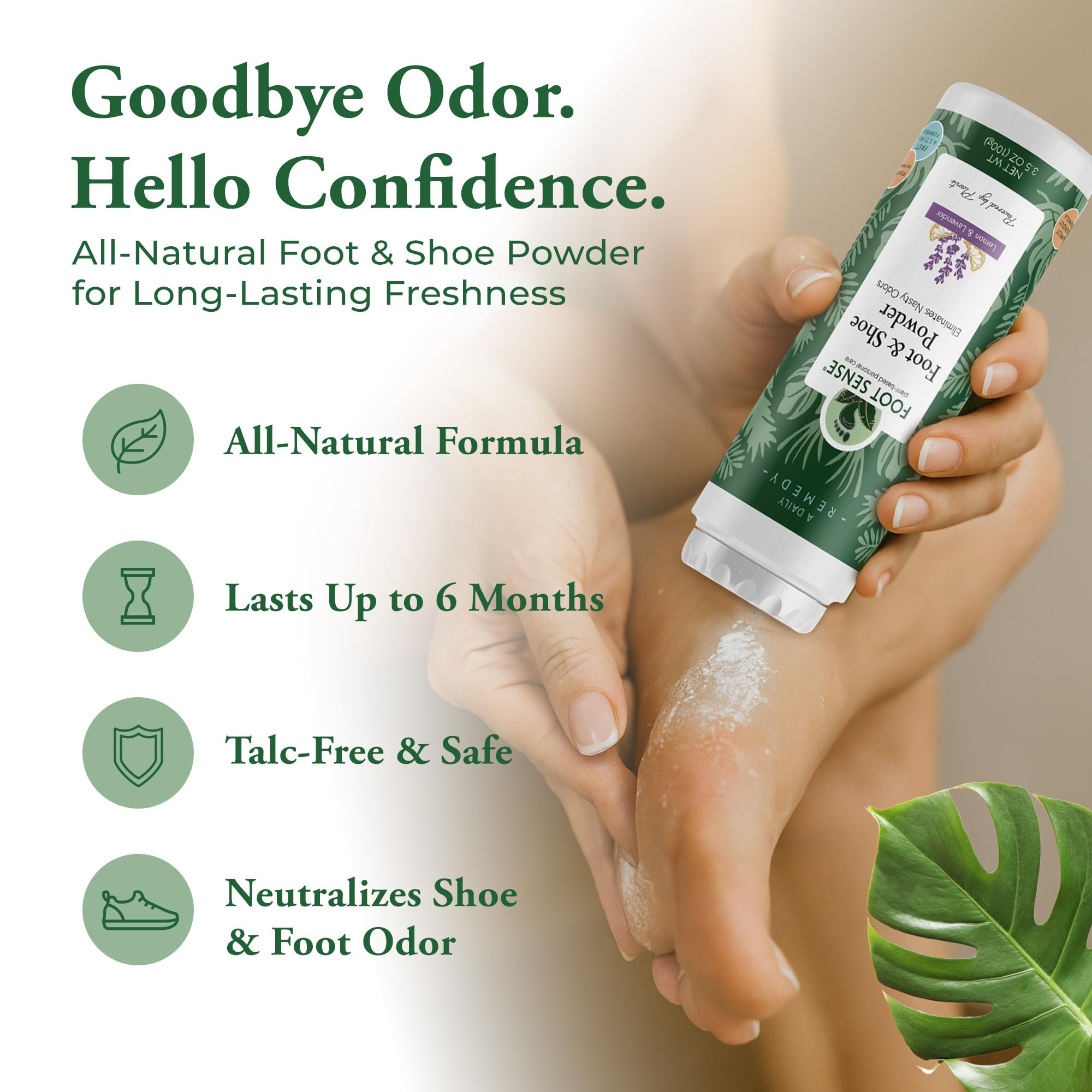 User applies Foot Sense powder to feet for fresh, dry comfort.