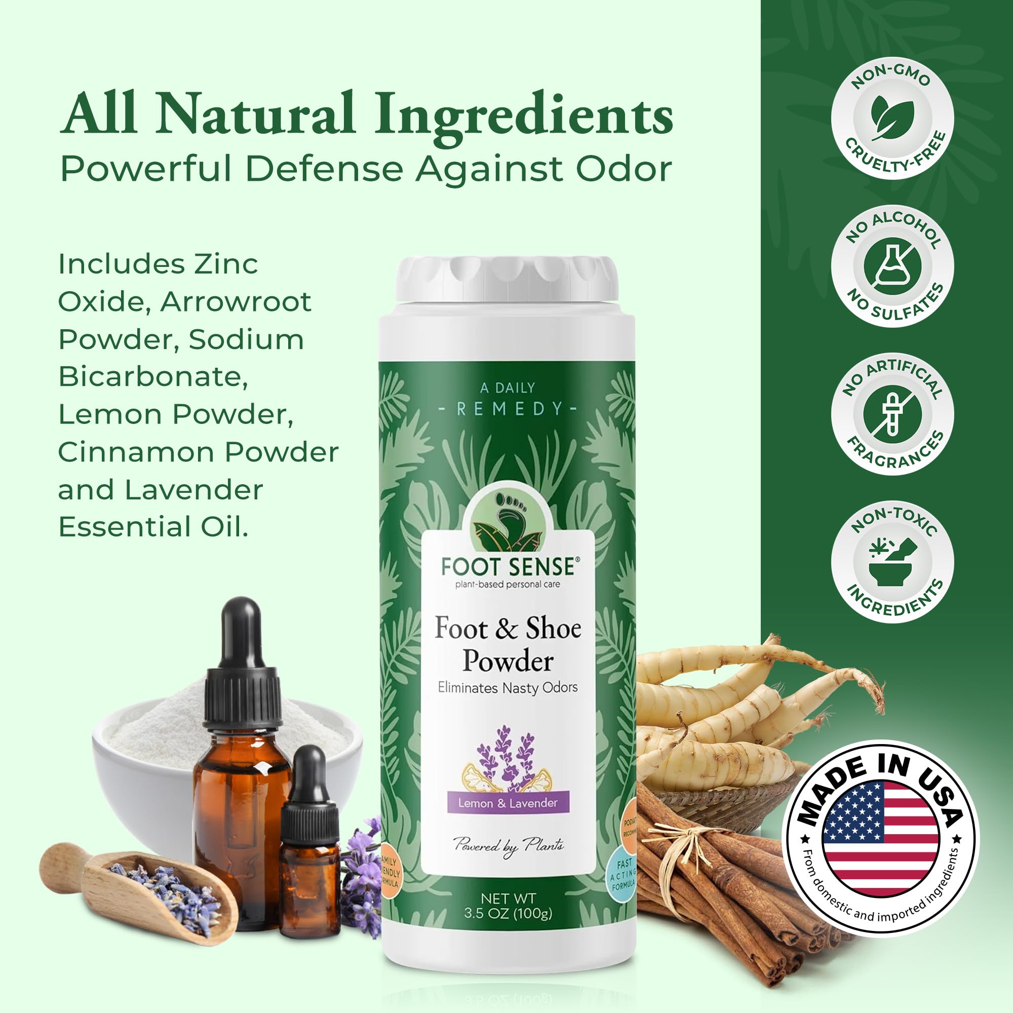 Foot Sense powder applied to feet for lasting freshness and moisture control.