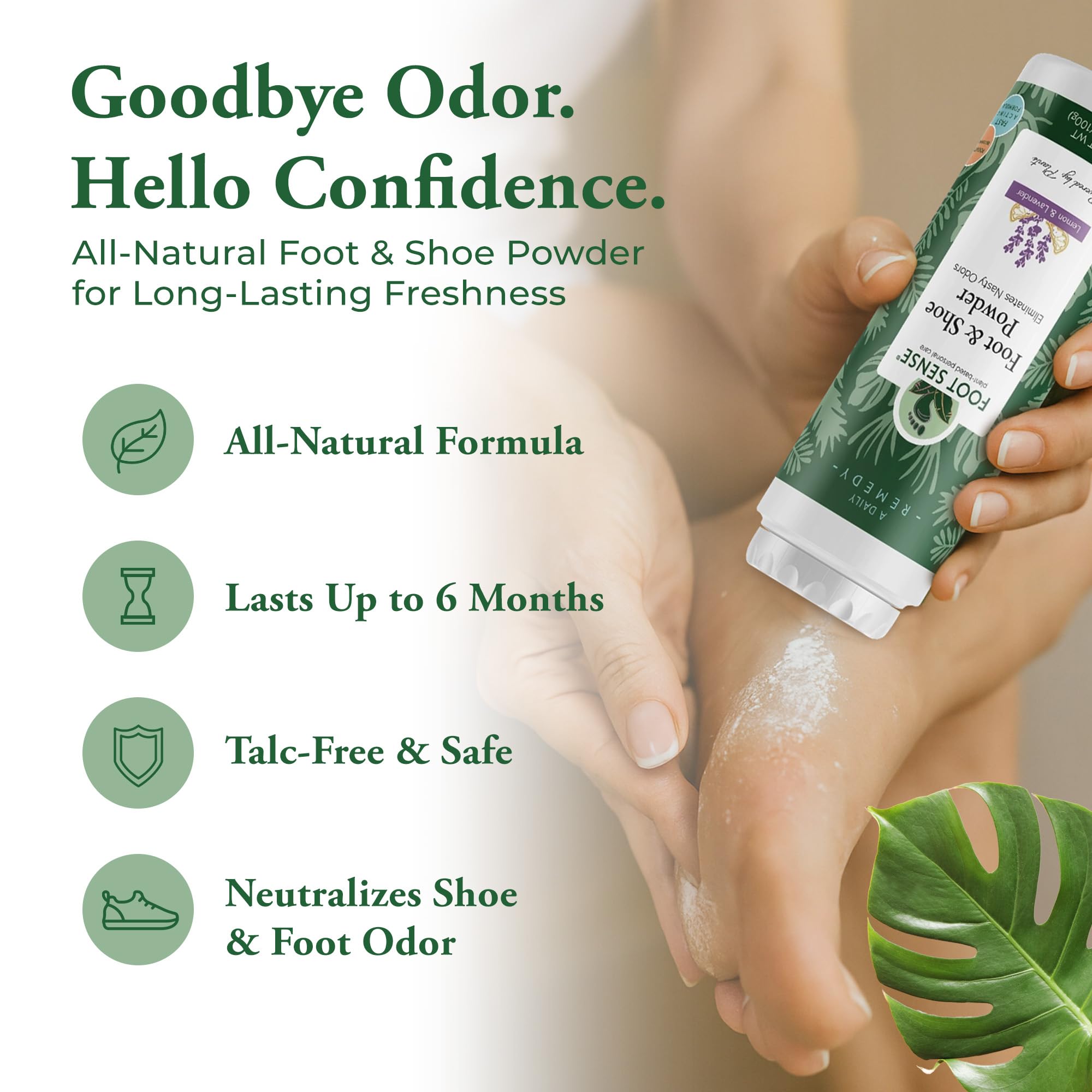 Foot Sense powder being poured into a shoe for quick odor neutralization.
