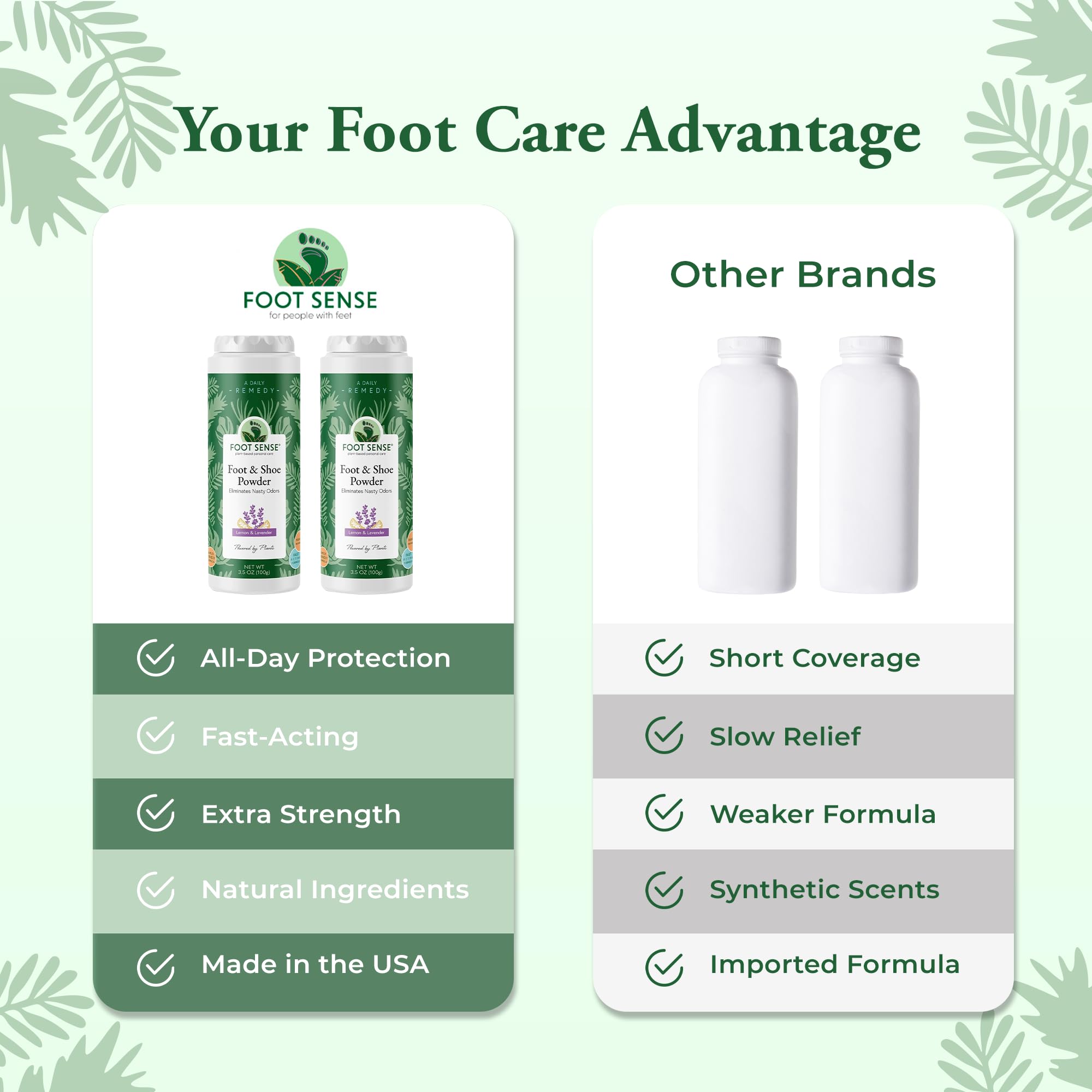 Foot Sense talc-free aluminum-free formula for safe daily use.