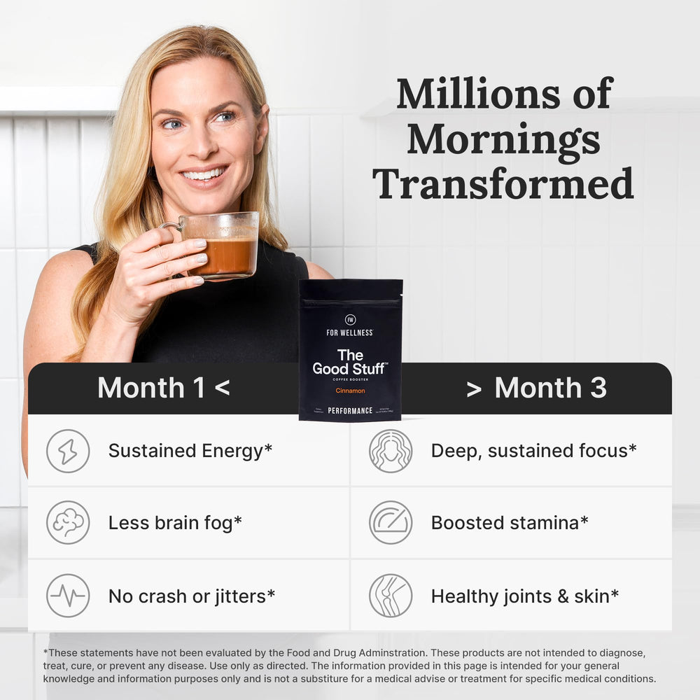 For Wellness Glass coffee setup hints at everyday wellness synergy.