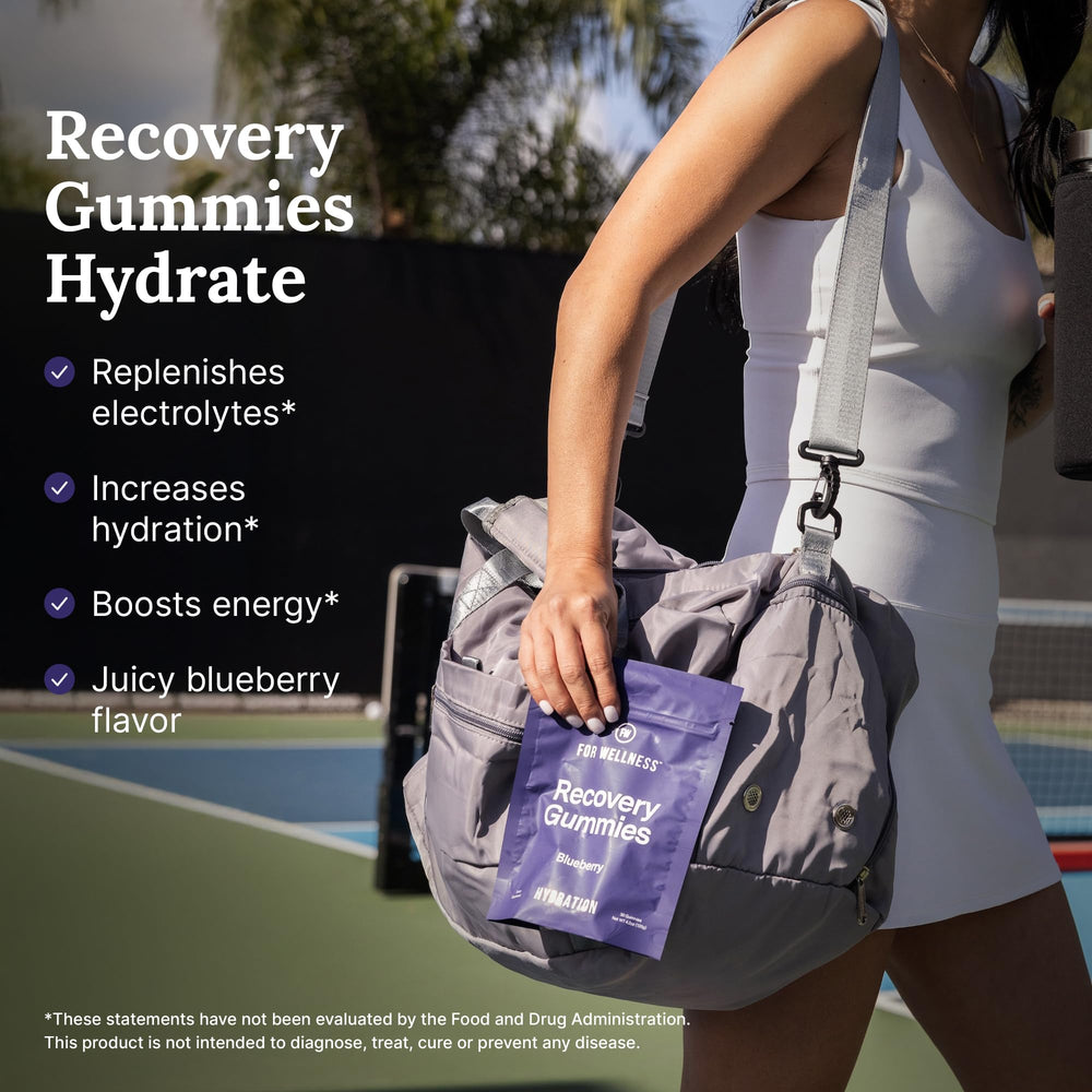 For Wellness Recovery Gummies Hydrate label detail highlighting vegan ingredients.