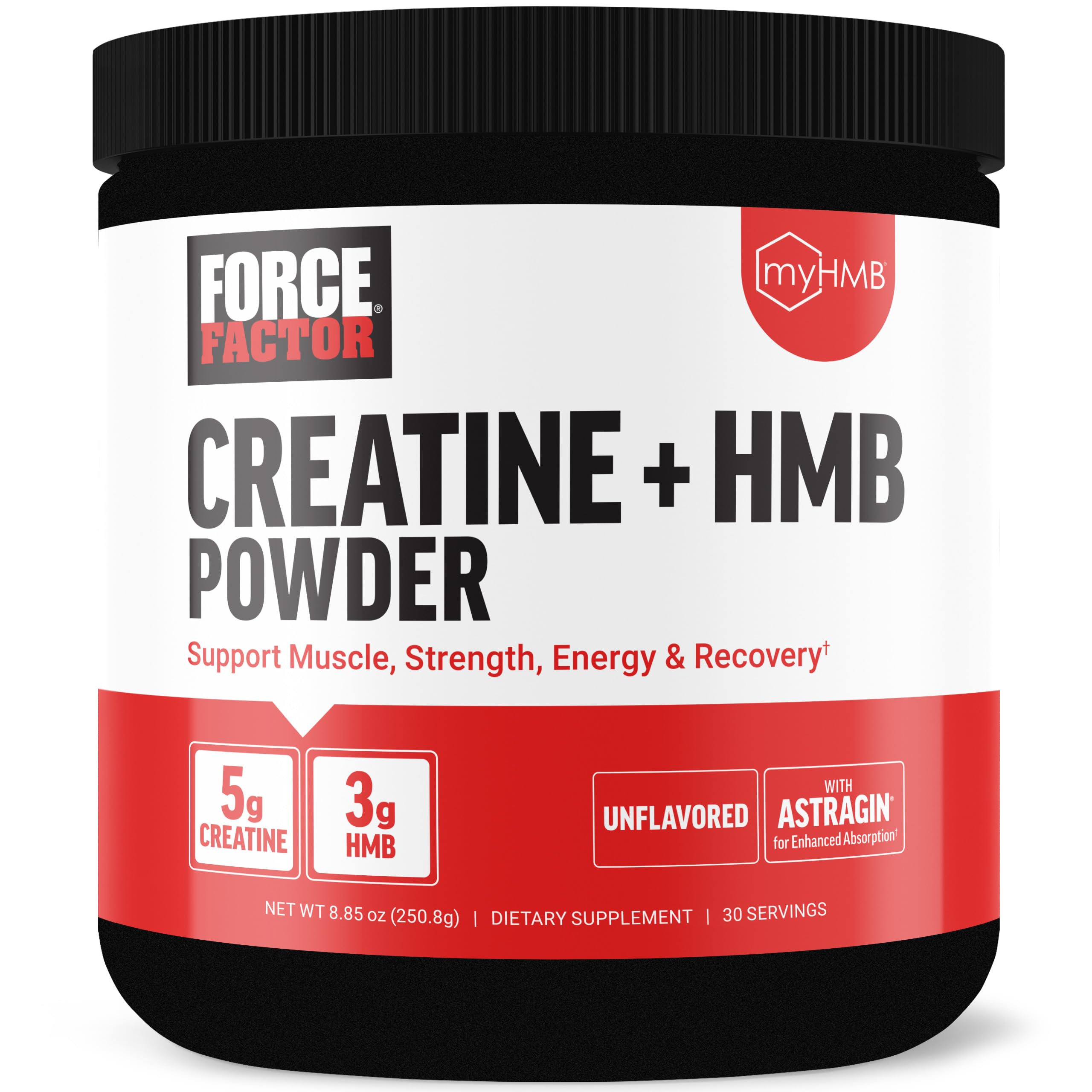 Force Factor Creatine HMB powder bottle front illustrating clean unflavored formula for workouts