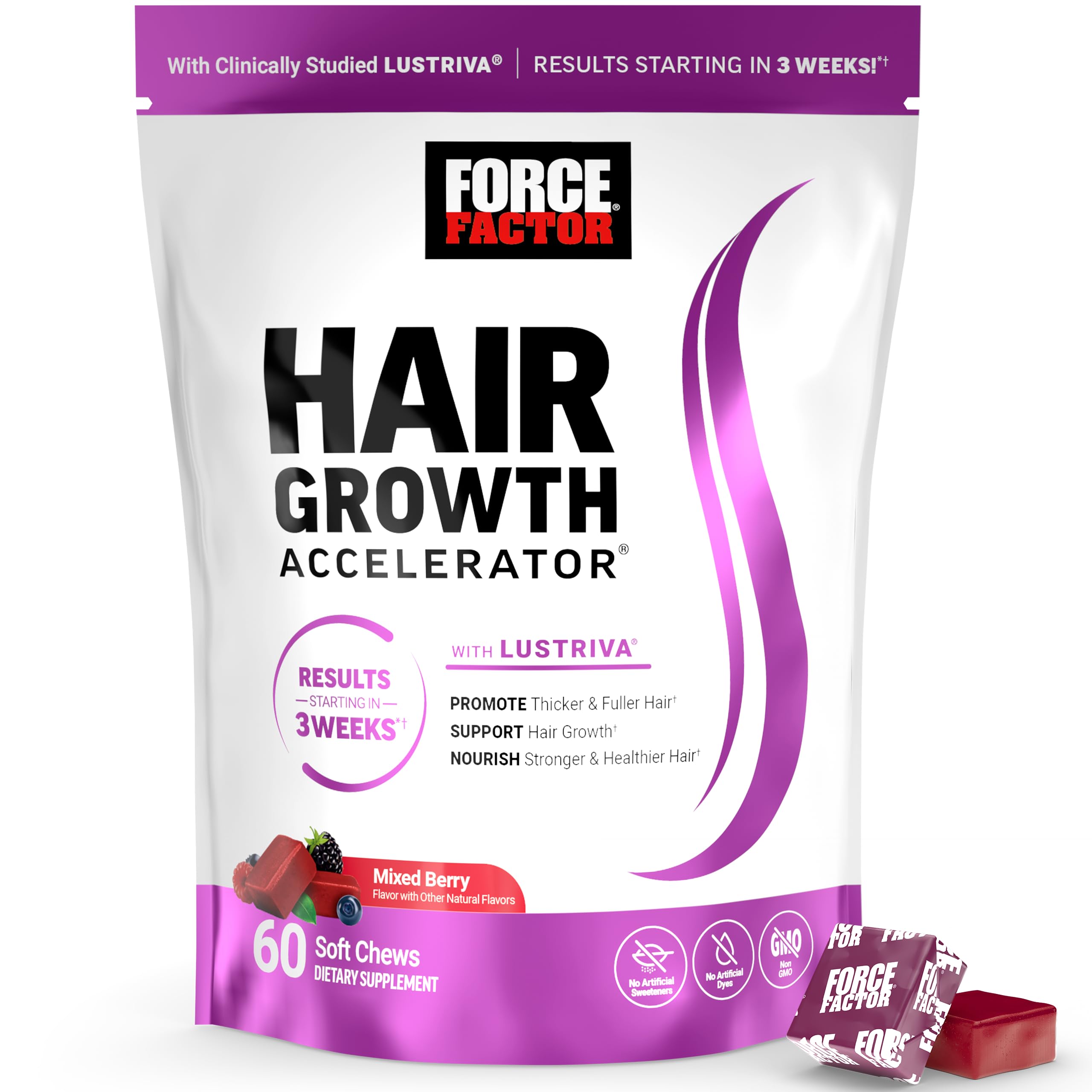 Force Factor Hair Growth Accelerator bottle shown for convenient daily hair nourishment.