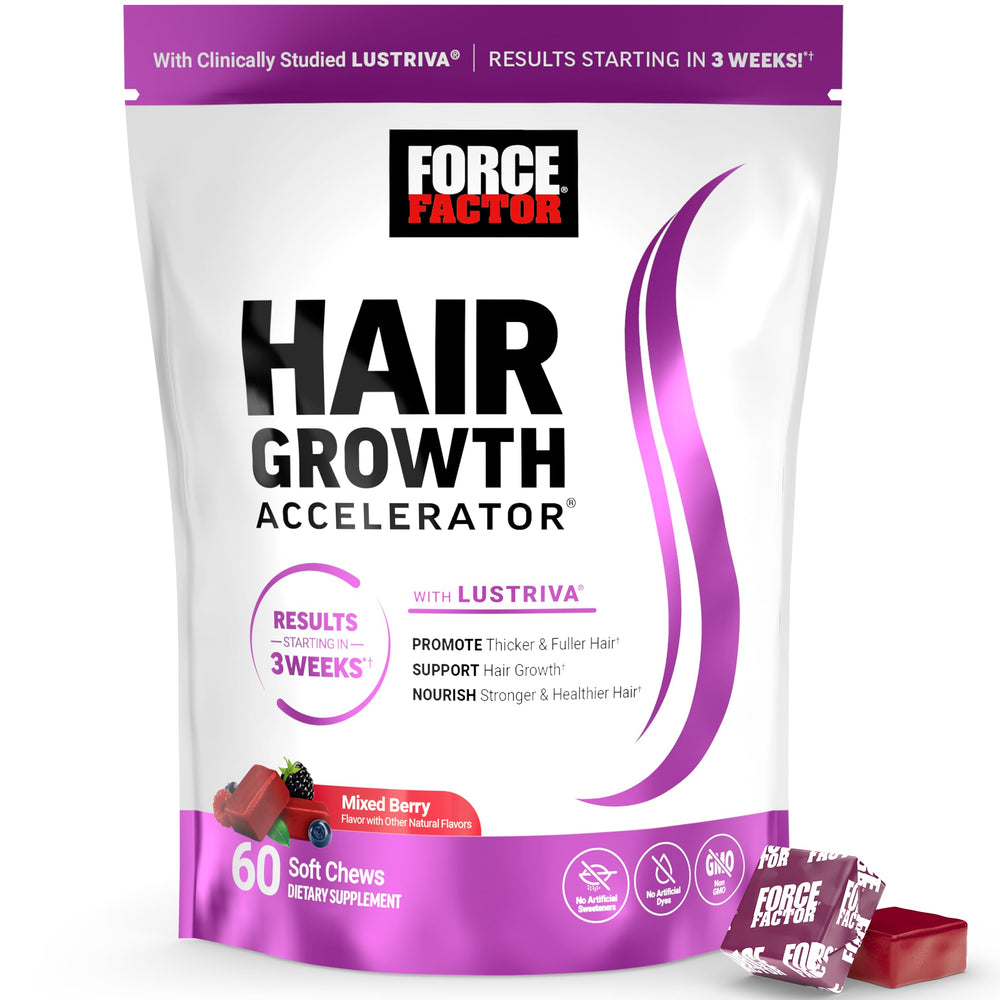 Force Factor Hair Growth Accelerator bottle shown for convenient daily hair nourishment.
