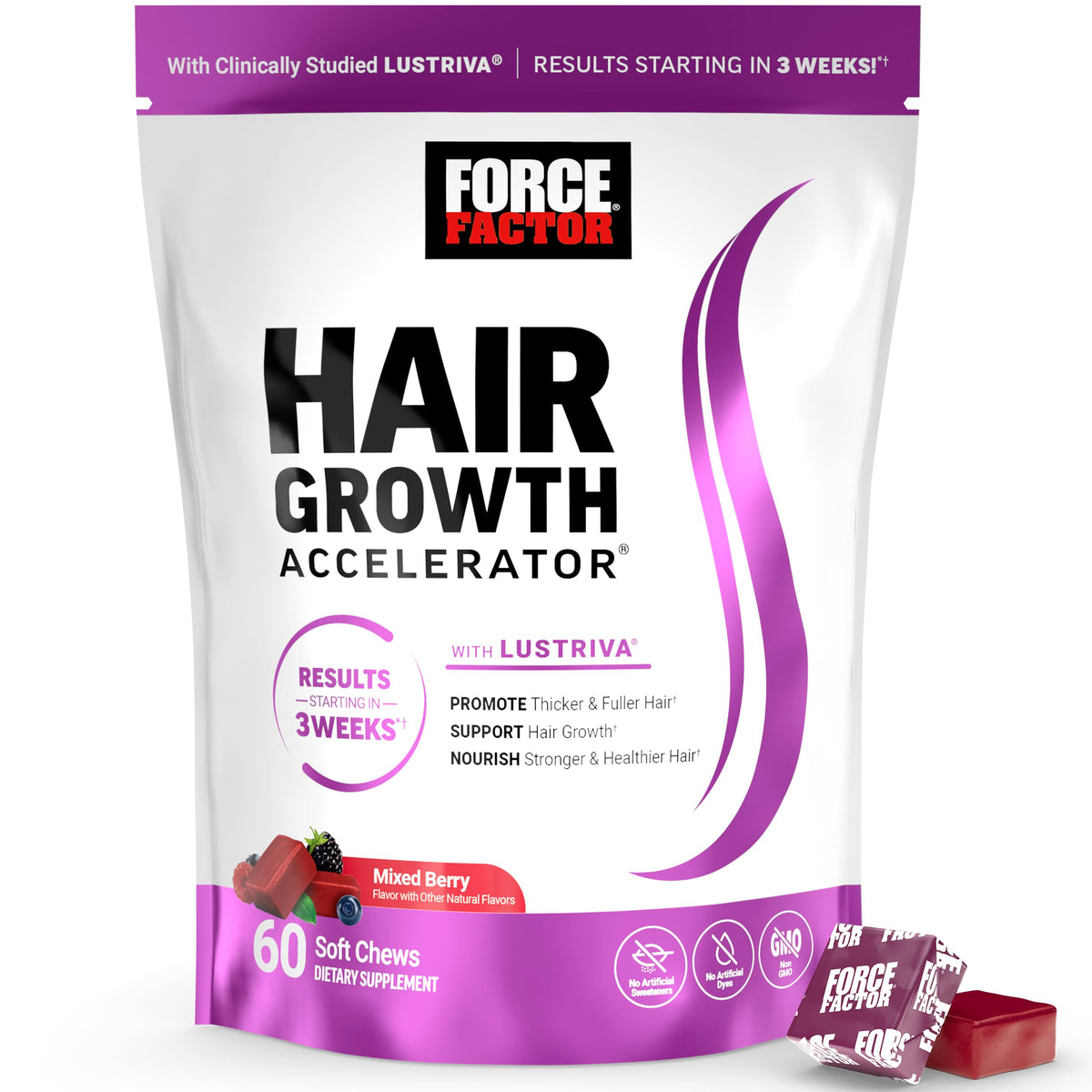 Force Factor Hair Growth Accelerator bottle shown for convenient daily hair nourishment.