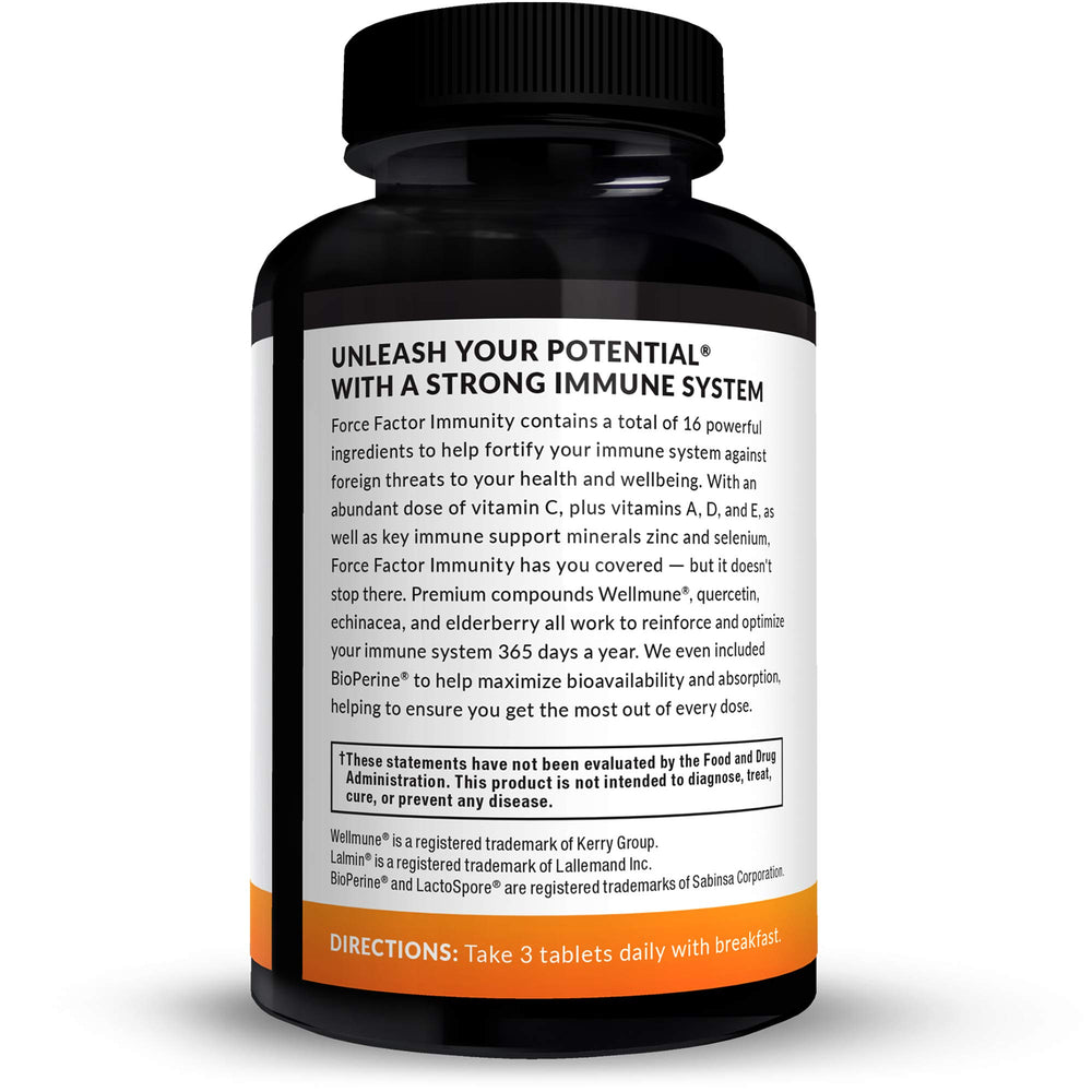 Force Factor Immunity bottle closeup showing easy-to-swallow tablets.