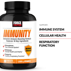 Force Factor Immunity vitamin C tablets closeup highlighting antioxidant support.