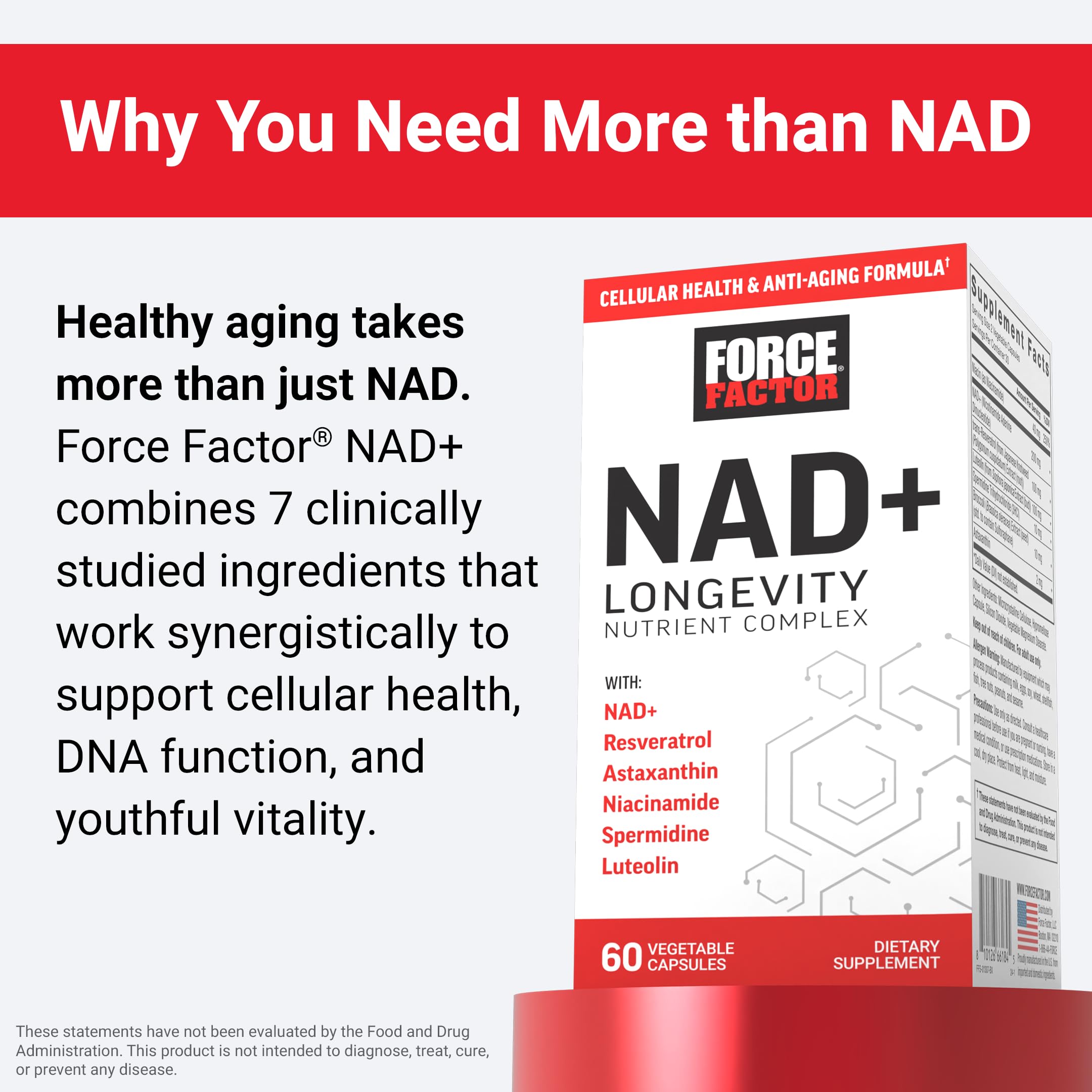 Force Factor NAD+ label emphasizing ingredients like resveratrol and luteolin