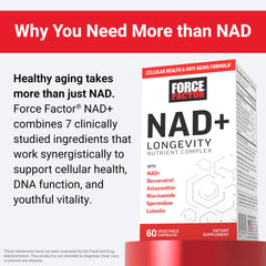 Force Factor NAD+ label emphasizing ingredients like resveratrol and luteolin