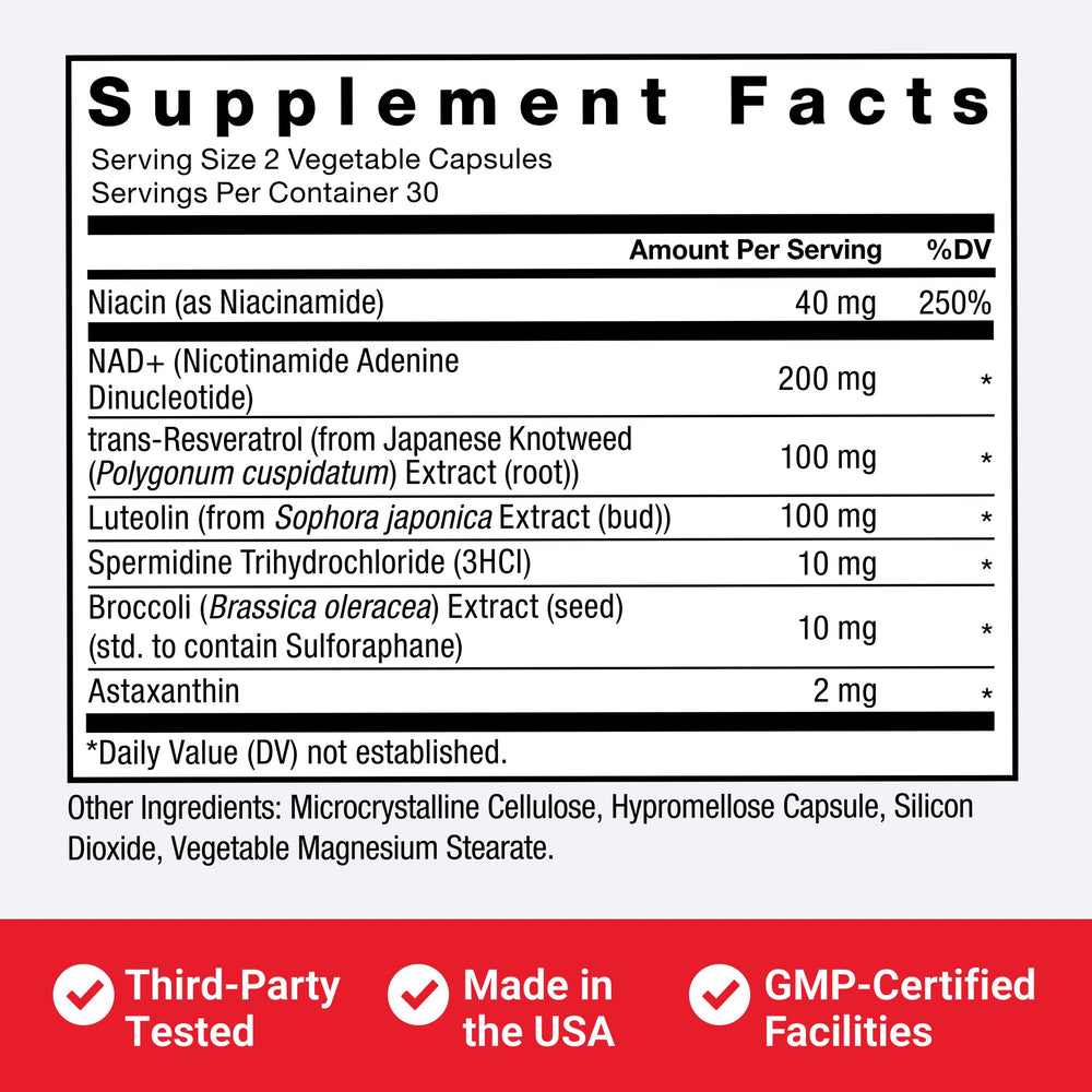Third-party tested seal next to Force Factor NAD+ bottle ensures quality