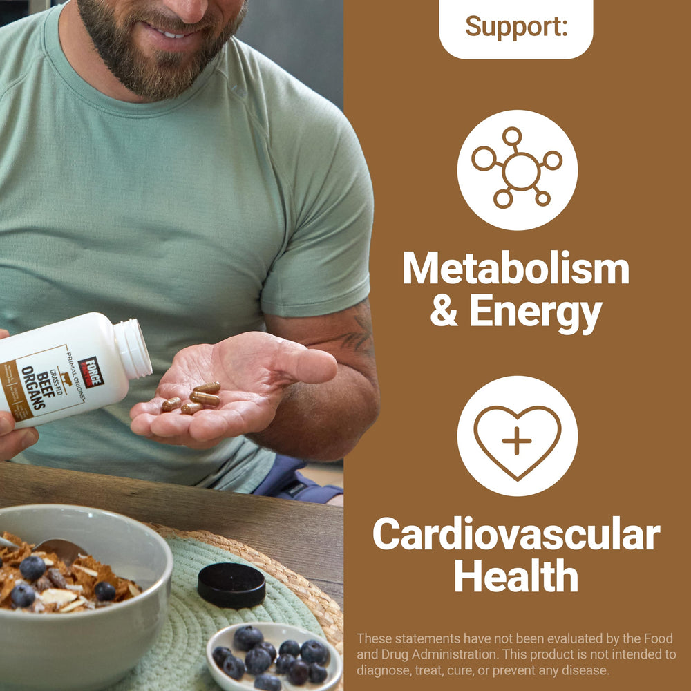 Force Factor Primal Origins capsules close-up showing convenient daily supplement form.