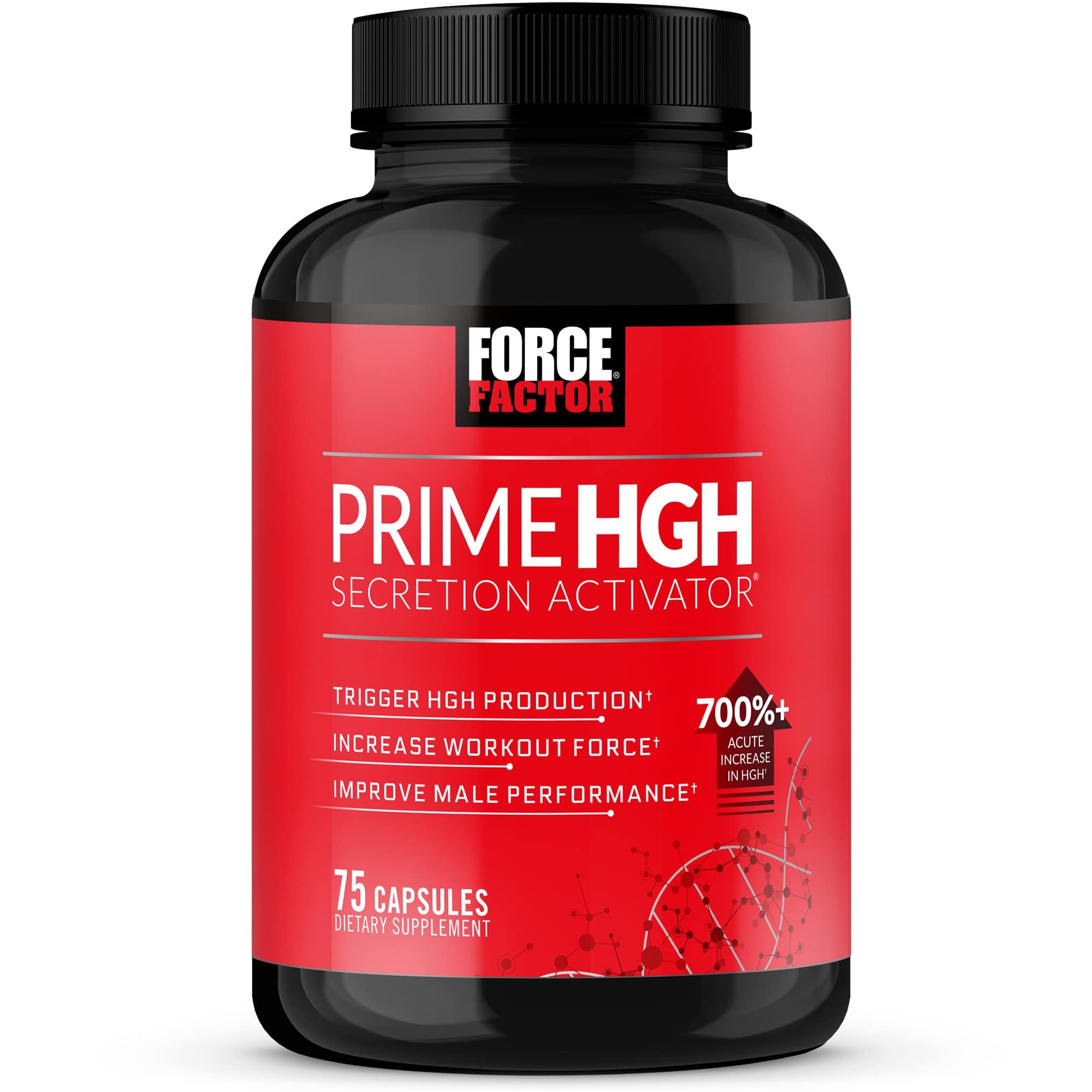 Force Factor Prime HGH Secretion Activator bottle in gym setup, potential to support workout performance.