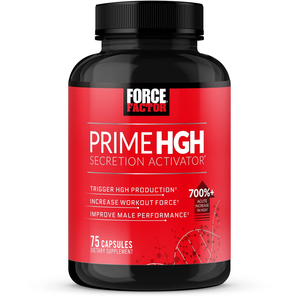 Force Factor Prime HGH Secretion Activator bottle in gym setup, potential to support workout performance.